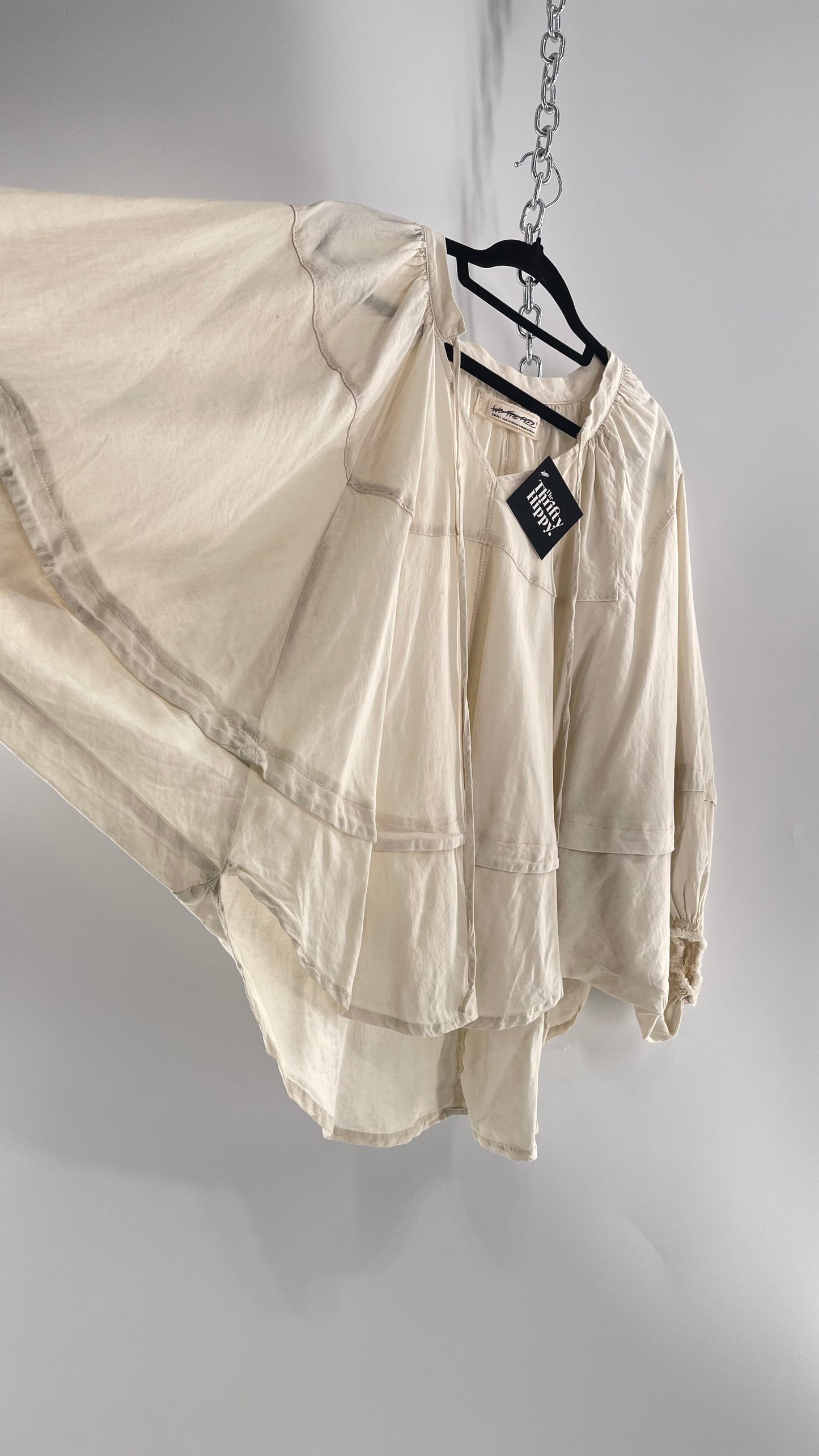 Free People Beige Off White Billow/ Prairie Sleeve Cape Blouse (Small)