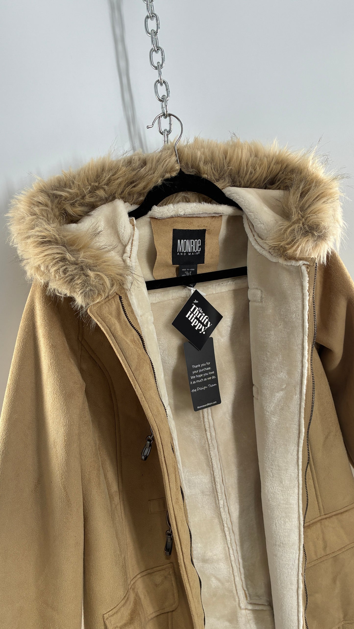 Deadstock Vintage MONROE AND MAIN Vegan Suede Coat with Fur Cuffs and Hood, Tags Attached (Medium)