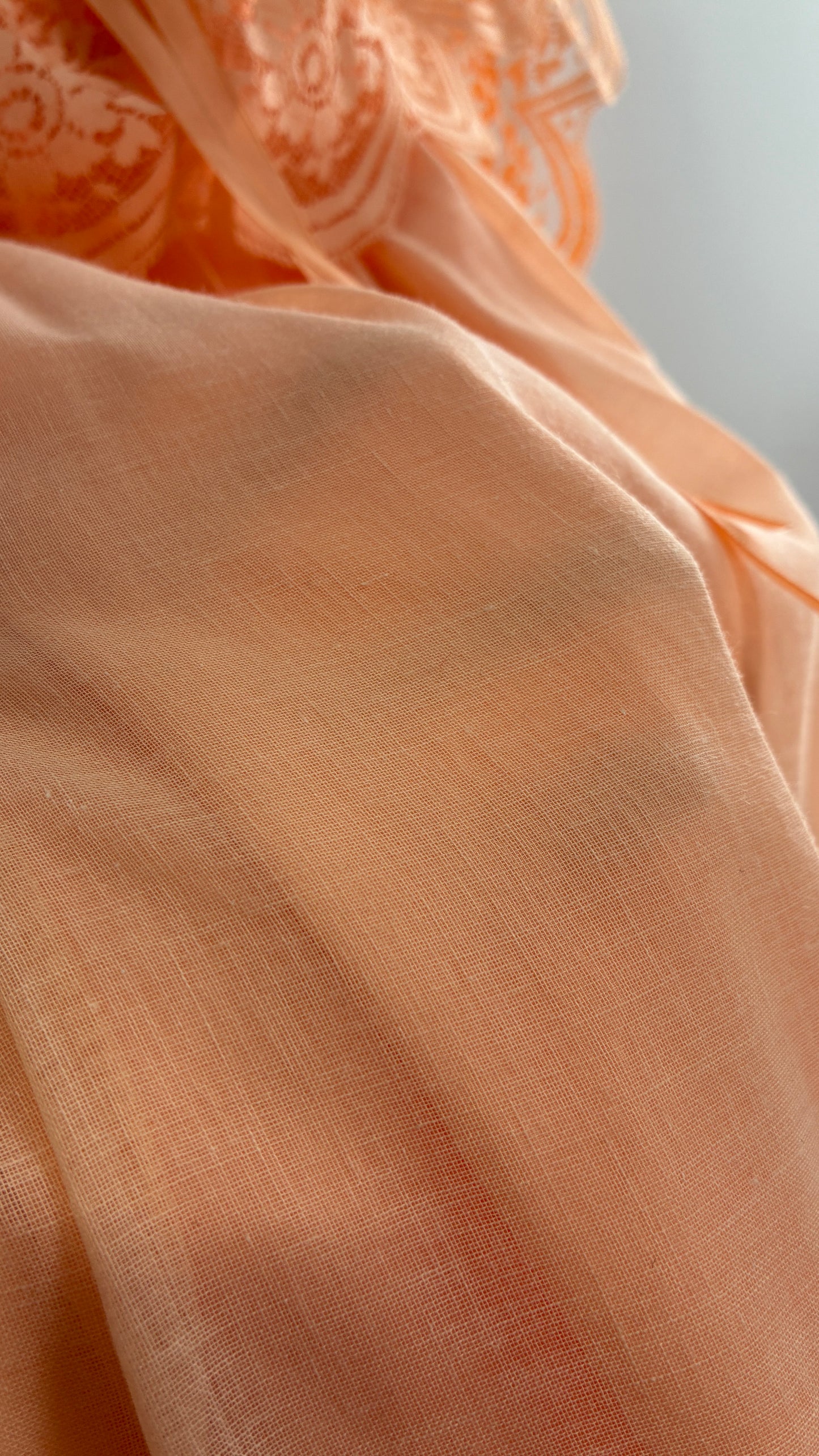 Vintage 1960s Ruffled Off the Shoulder Peach Full Length Voluminous Gown with Tie Back (9/10)