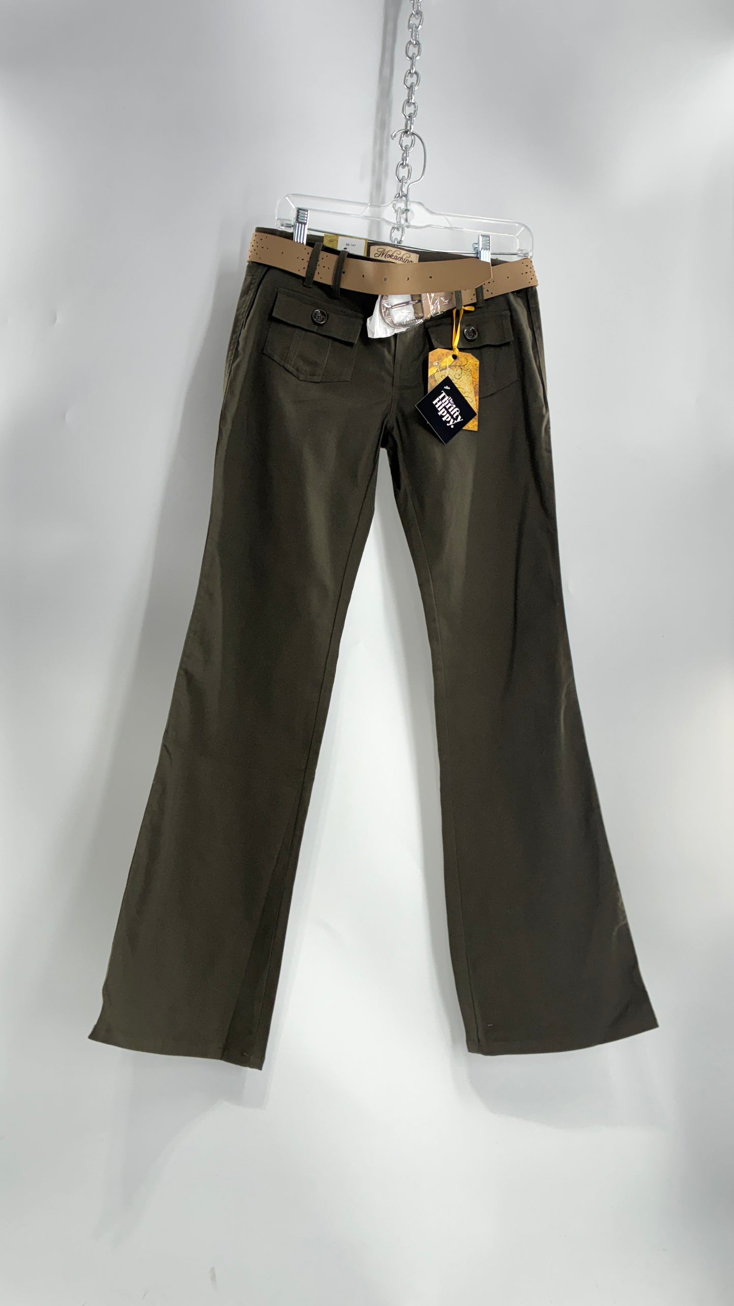 Deadstock Vintage MOKACHINO Olive Green Low Rise Kickflares with Hip/Bum Pockets and Built in Belt (7)