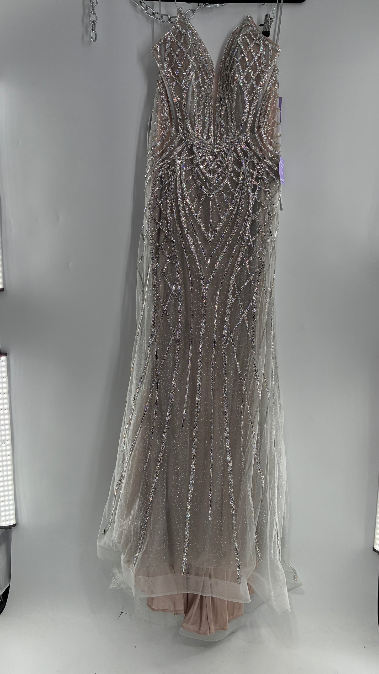 NWT LADIVINE by Cinderella Divine Silver Nude CC6018 Mermaid Corseted Gown with Multiple Layers of Tulle, Covered in Crystal Strips (16)