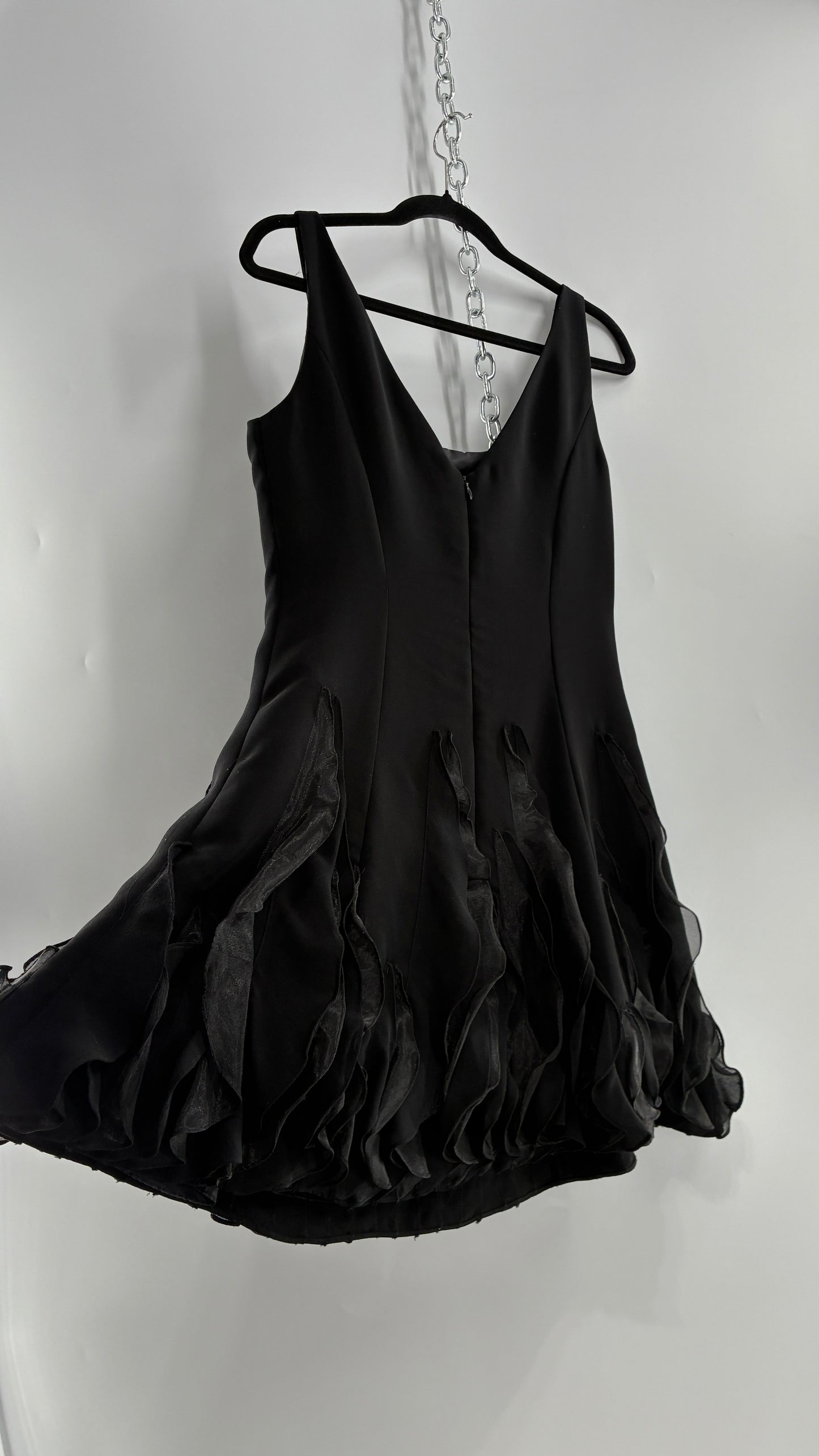 Vintage JS BOUTIQUE Black Structured Petite Mini Dress with Ruffled Hem (10P)