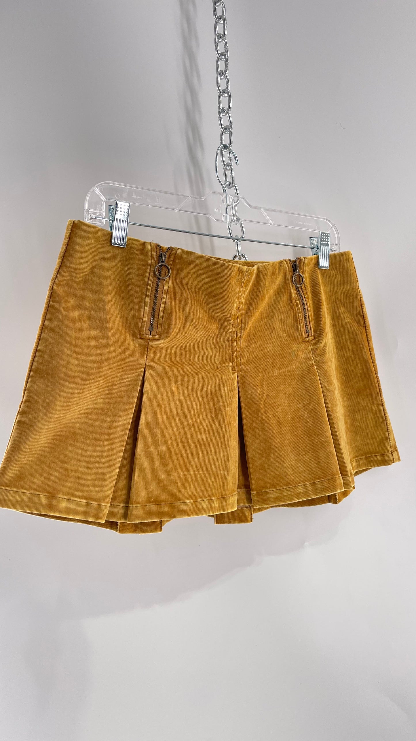 Urban Outfitters Mustard Corduroy Pleated Micro Mini Skirt with Brass Hip Zippers (Medium)