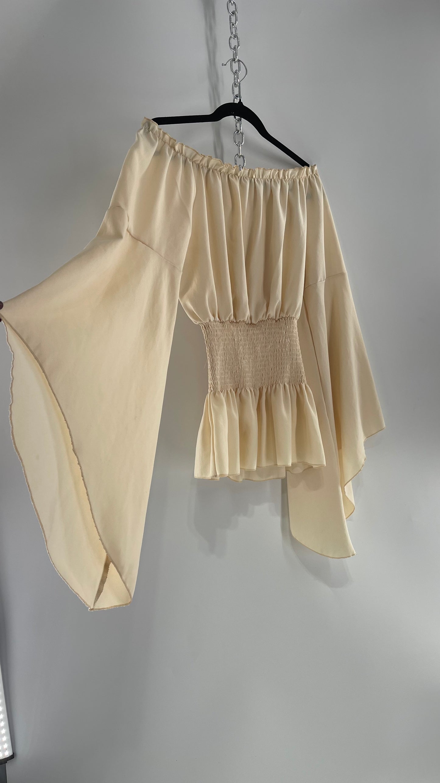Vintage Off White Smocked Waist Bell Sleeve Wanderlust Blouse(S/M)