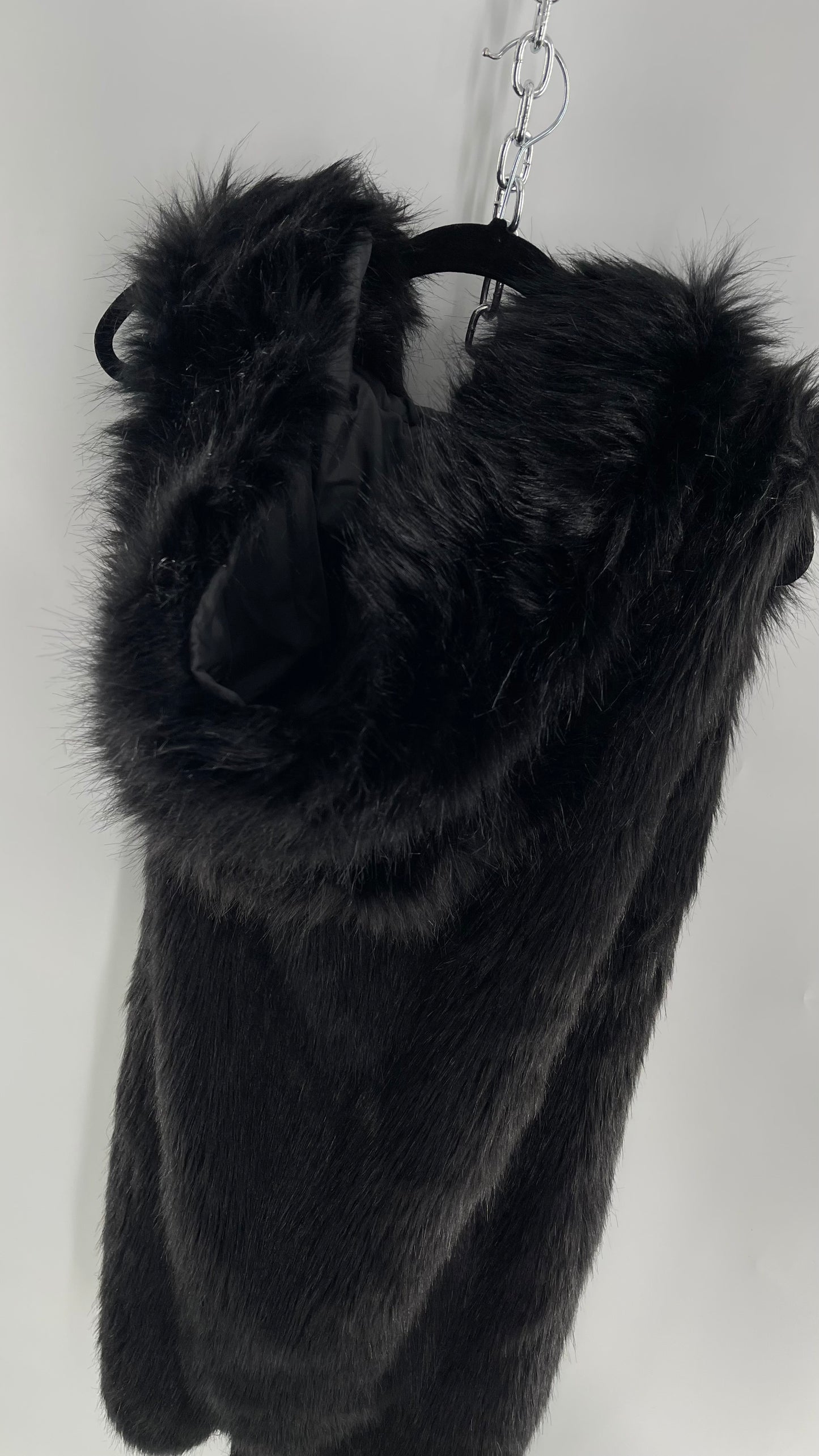 Full Length Black Fuzzy Sleeveless Vest with Oversized Hood (Medium)