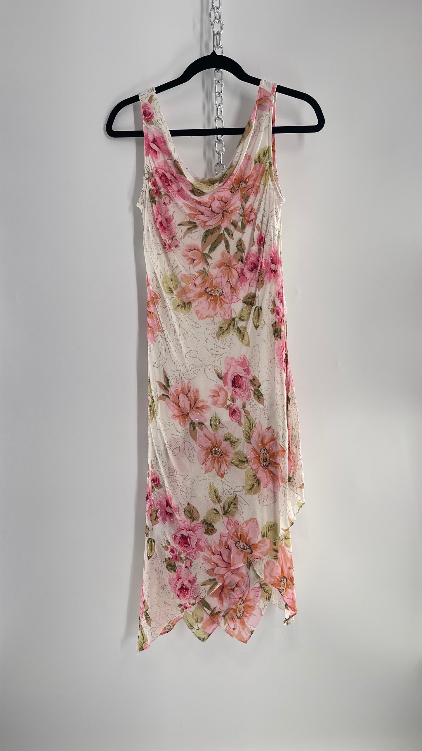 Vintage Eva Blue Pink Floral Draped Neck Sleeveless MIDI with Beading (10)