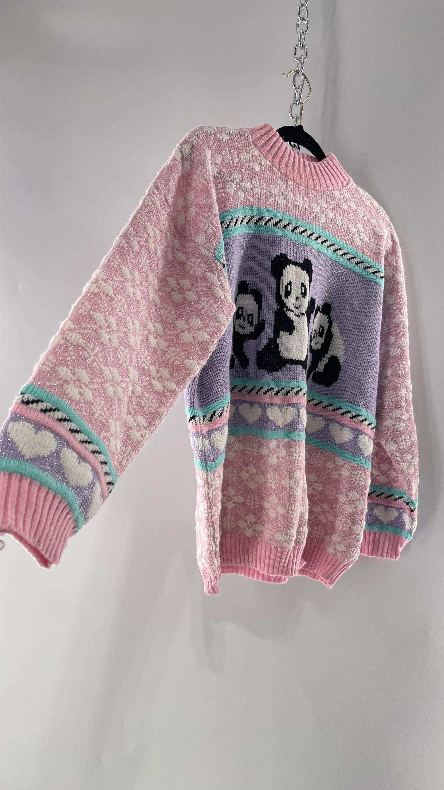 RARE 80s Vintage Adele Pastel Pink, Purple, Mint Silver Tinsel Sweater with Anime/Manga Art Style Pandas (Medium)