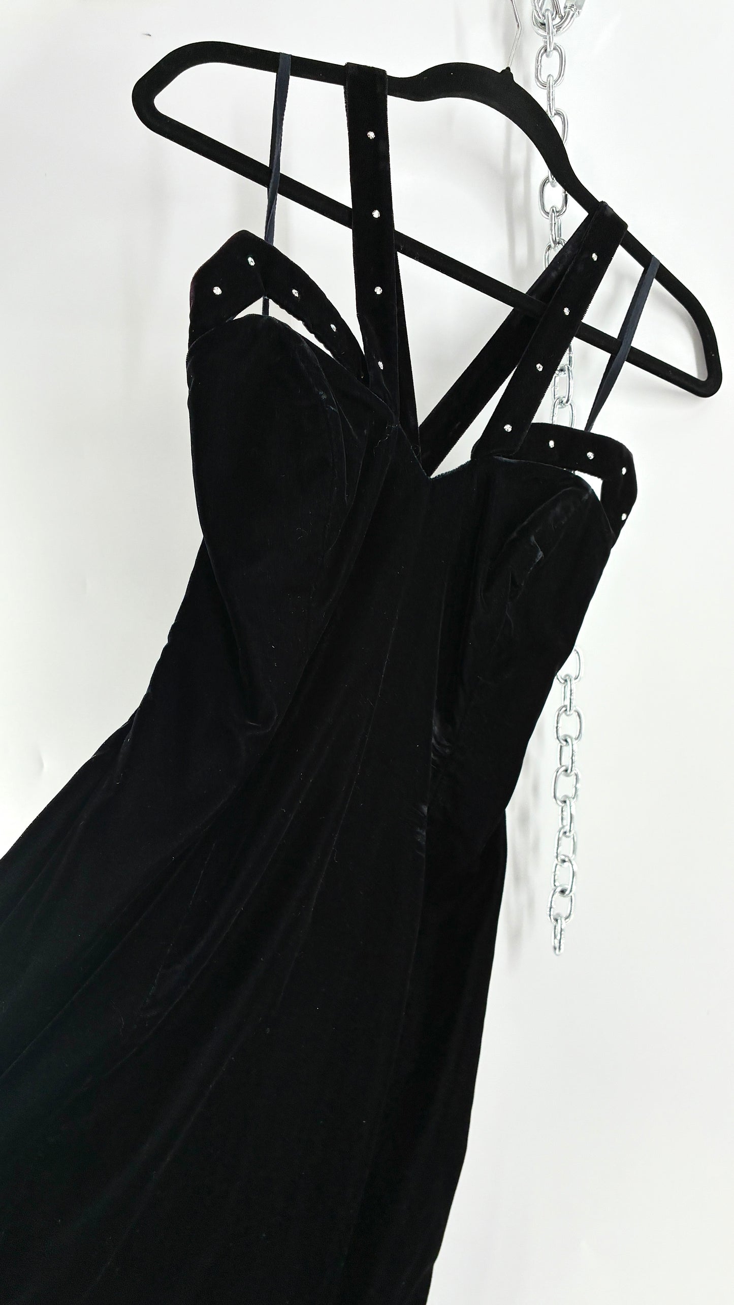 Vintage Handmade Velvet Gown with Pointed Bust Lined in Rhinestones and Dramatic Side Slit (S/M)