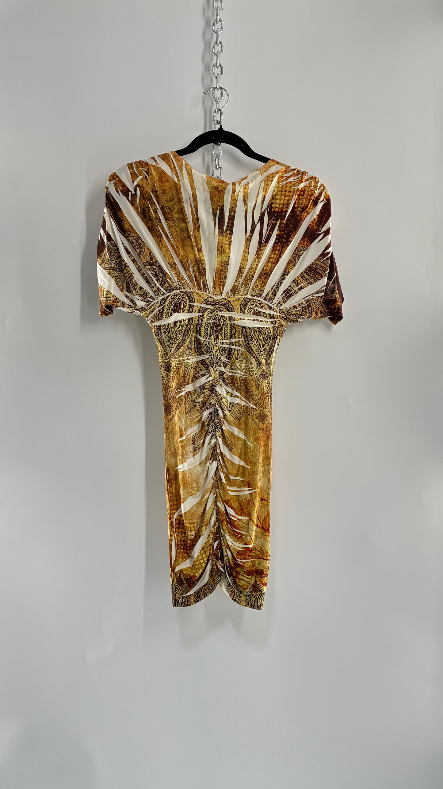 Vintage Bodycon Gold Graphic Mini Dress with Rhinestones (Small)