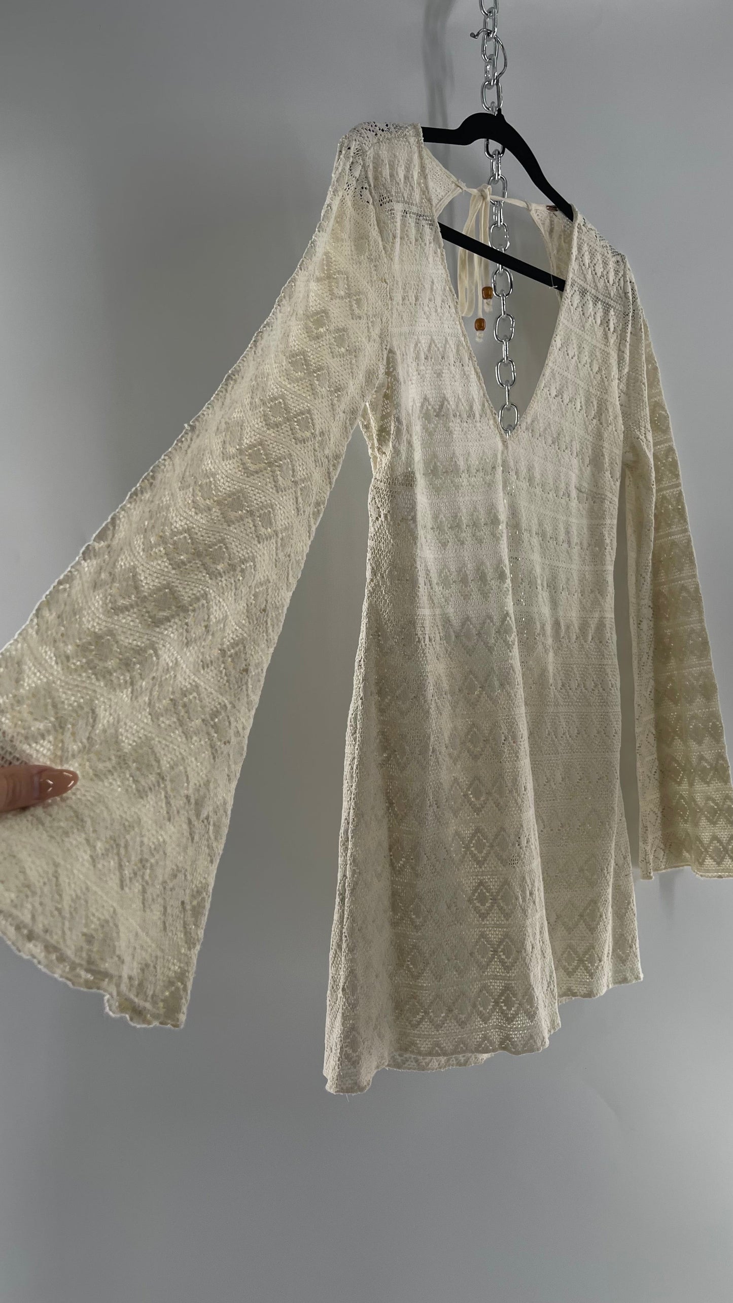 Free People Gauze Lace Open Back Mini Dress with Bell Sleeves (S)