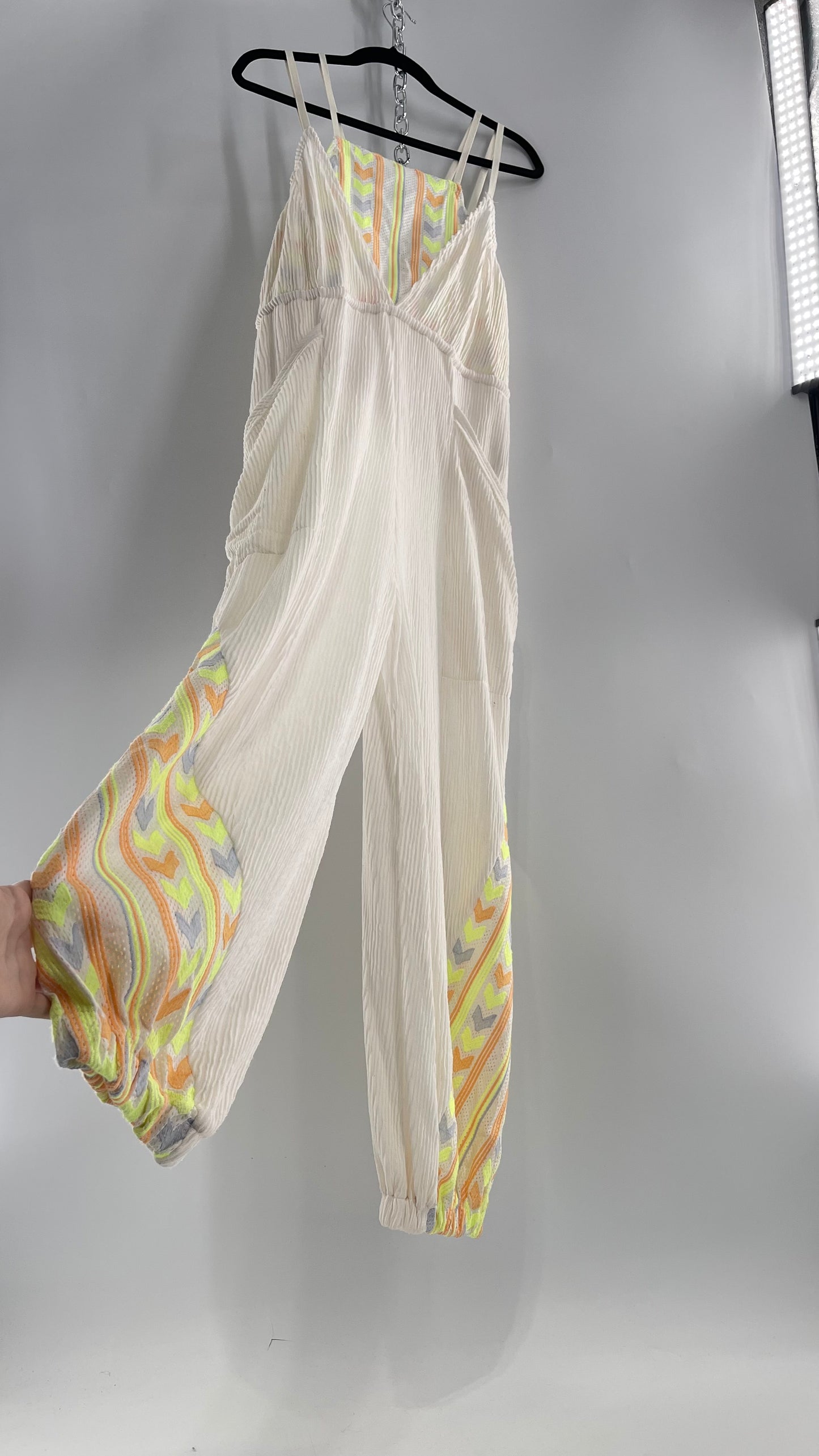 Free People Movement Cream Ribbed Jumpsuit with Yellow/Orange Embroidered Details and Waist Cinching Drawstring (Small)