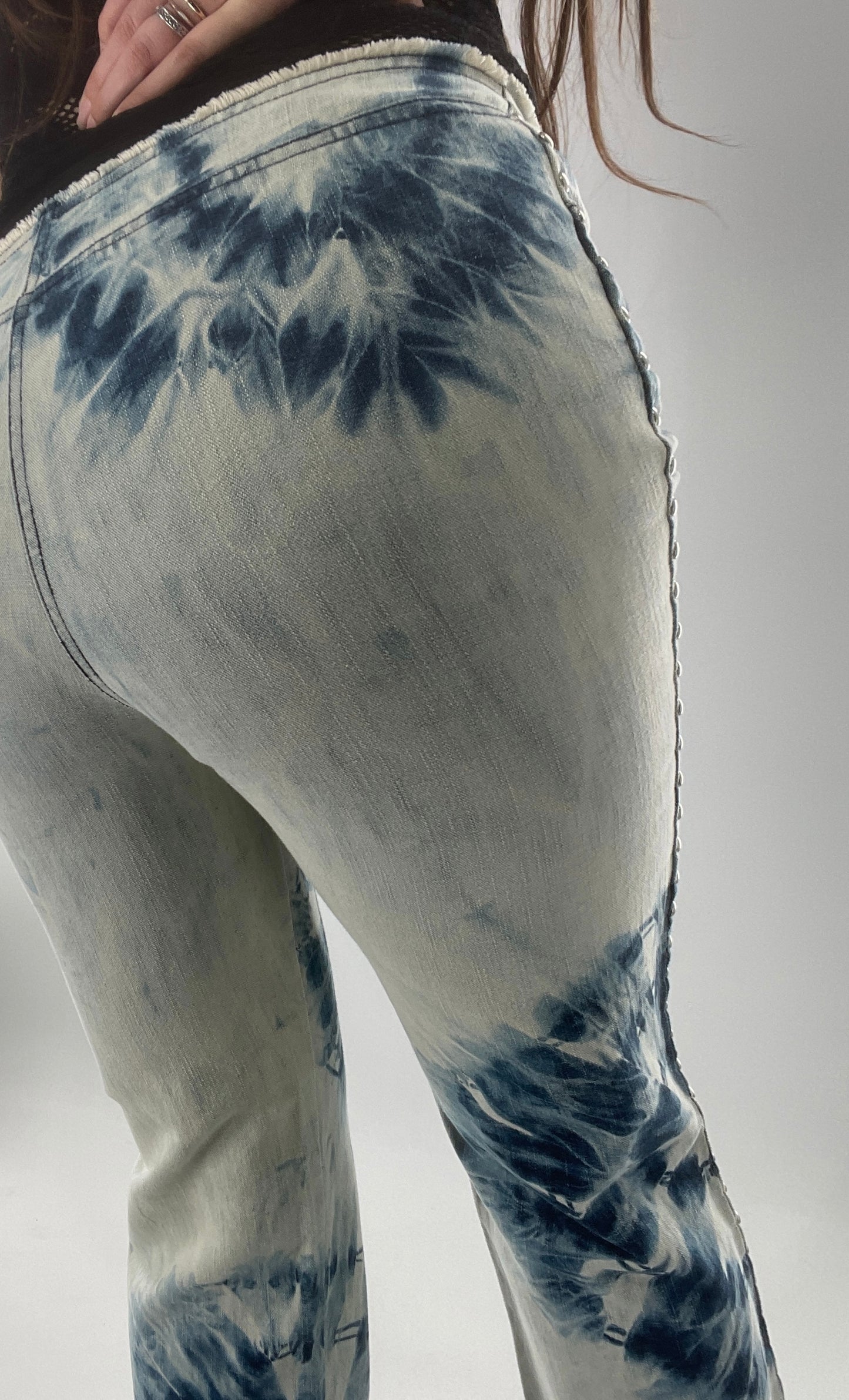 Vintage 1990s DKNY Light Bleached Jeans with Tie Dye Denim Pattern, Raw Edge Low Rise, and Studded Sides (5)
