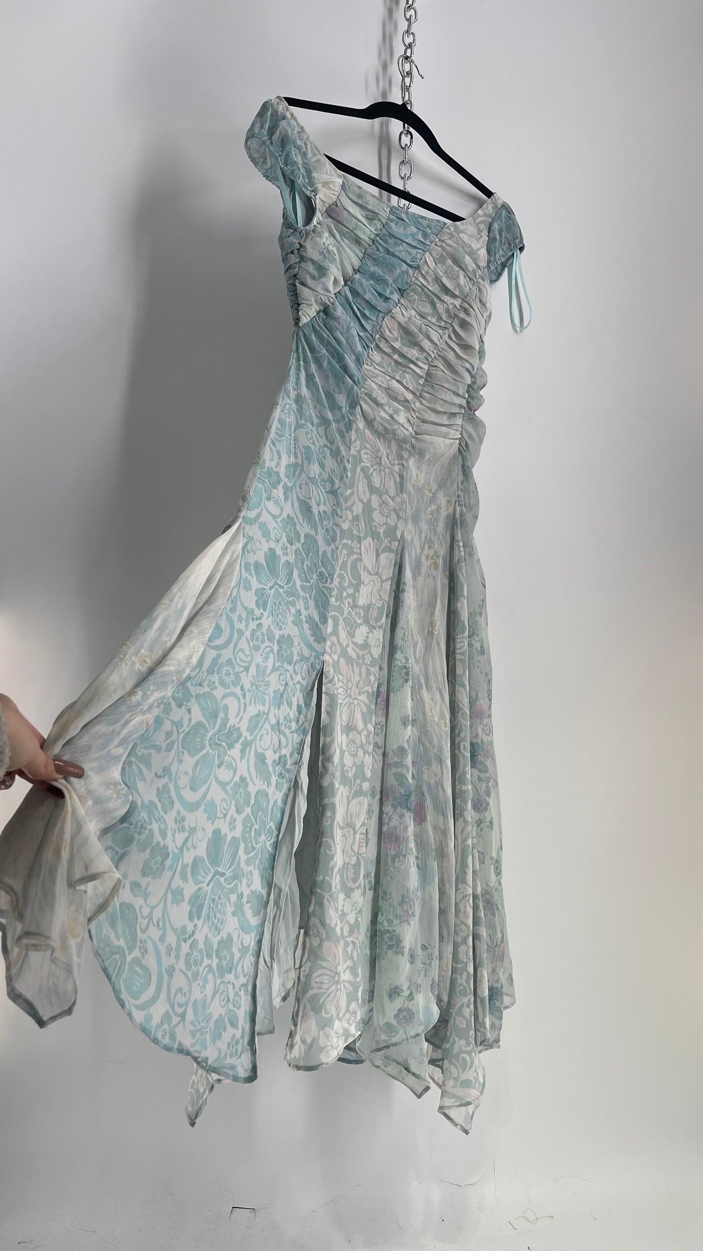 Free People Heart to Heart Blue Ruche Bust Handkerchief Hem Gown (4)