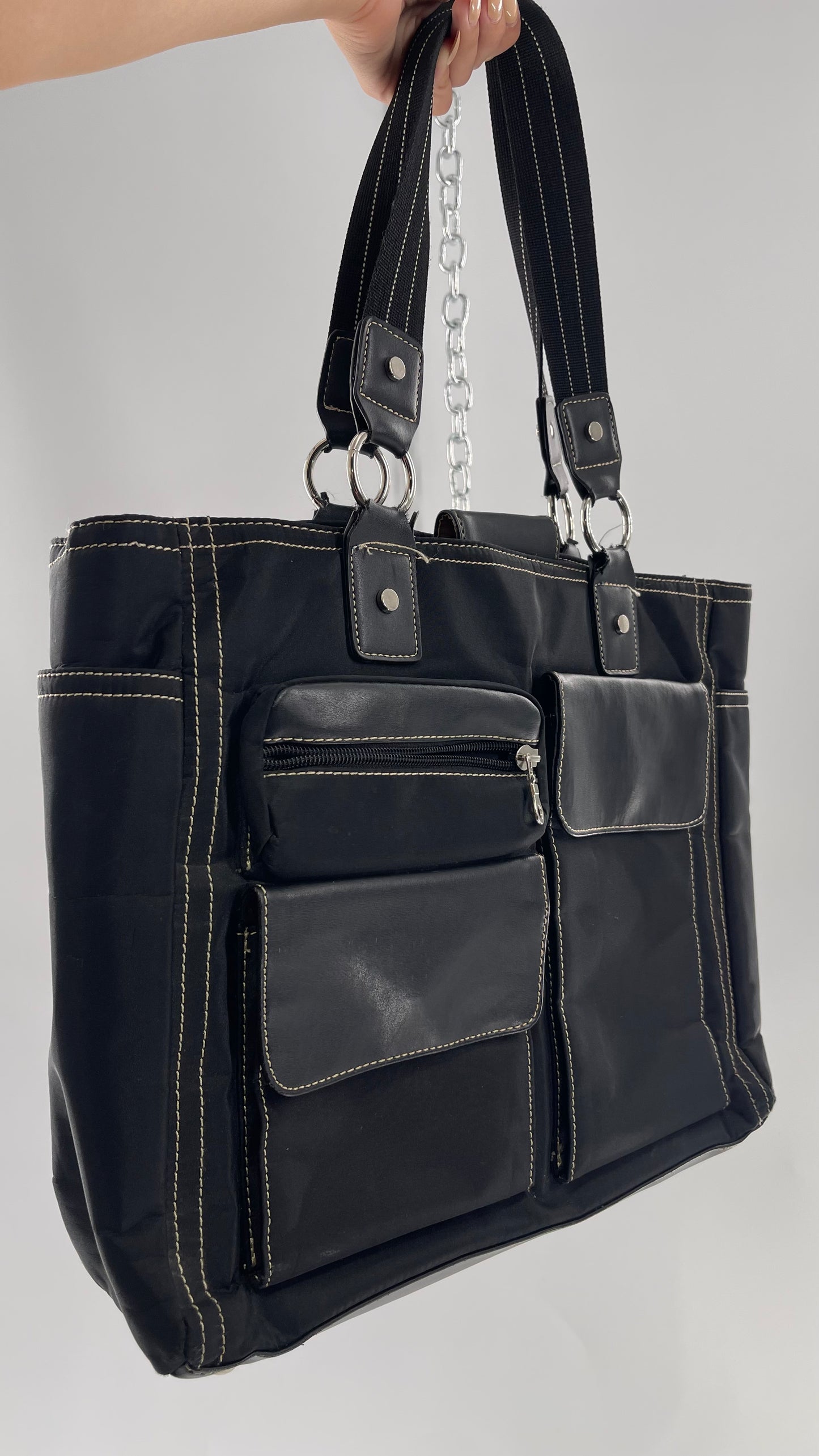 Vintage Oversized Black Exaggerated Pocket Tote Bag with Contrast Stitching
