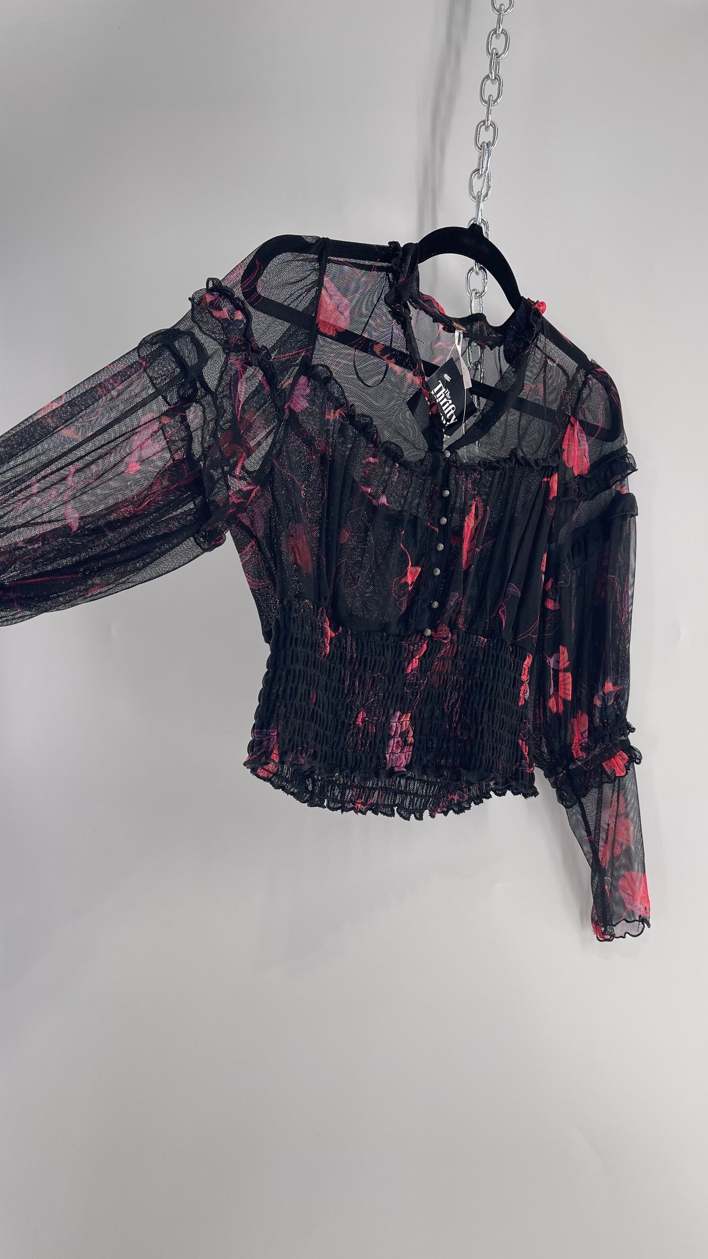 Free People Black Mesh Top with Smocked Waist, Buttoning and Contrasting Florals (Medium)