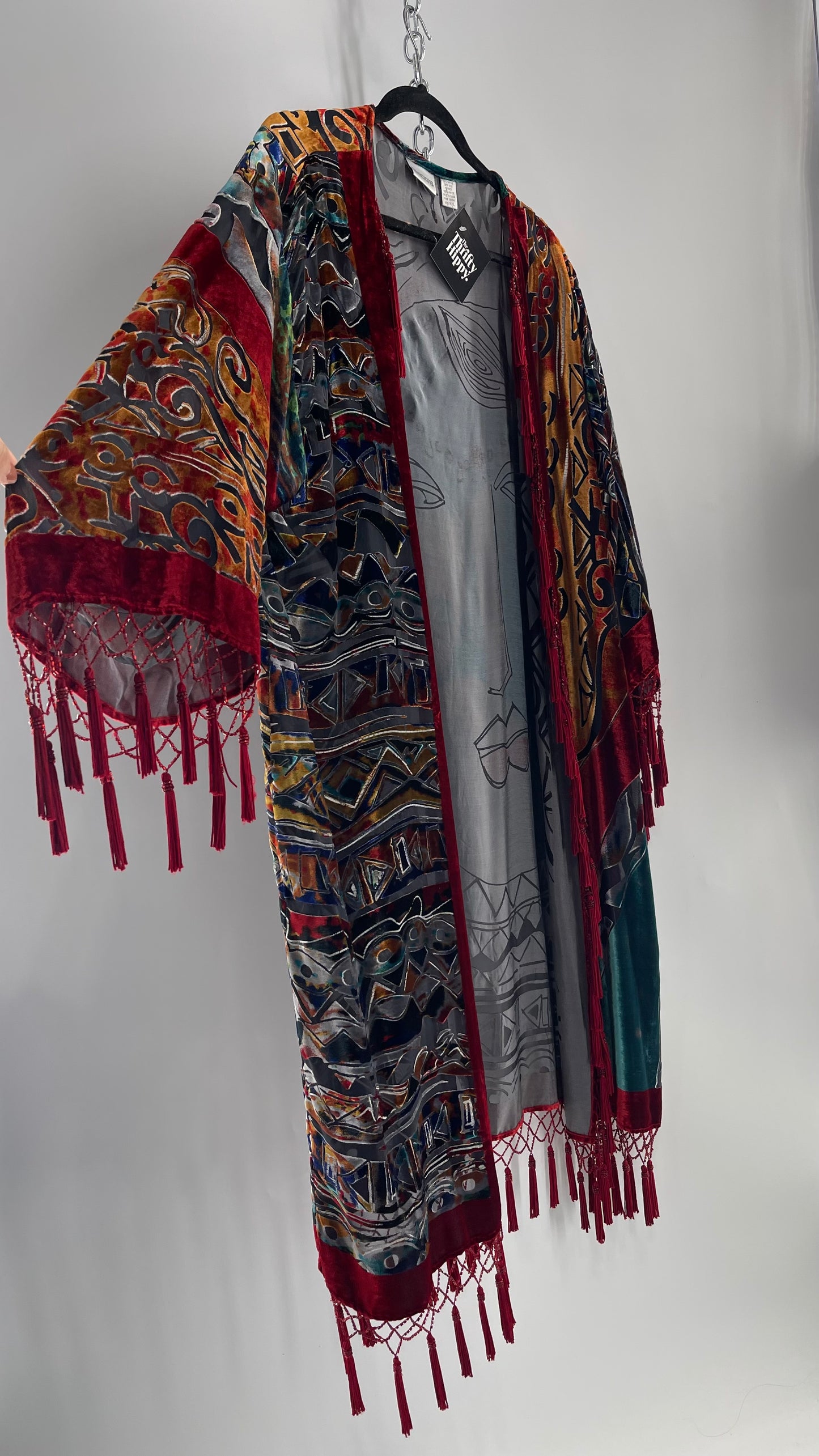 Vintage Burnout Buddhist Motif Velvet/Velour Beaded Fringe Duster Coat/Kimono with Tassel Sleeves and Hems (M/L)
