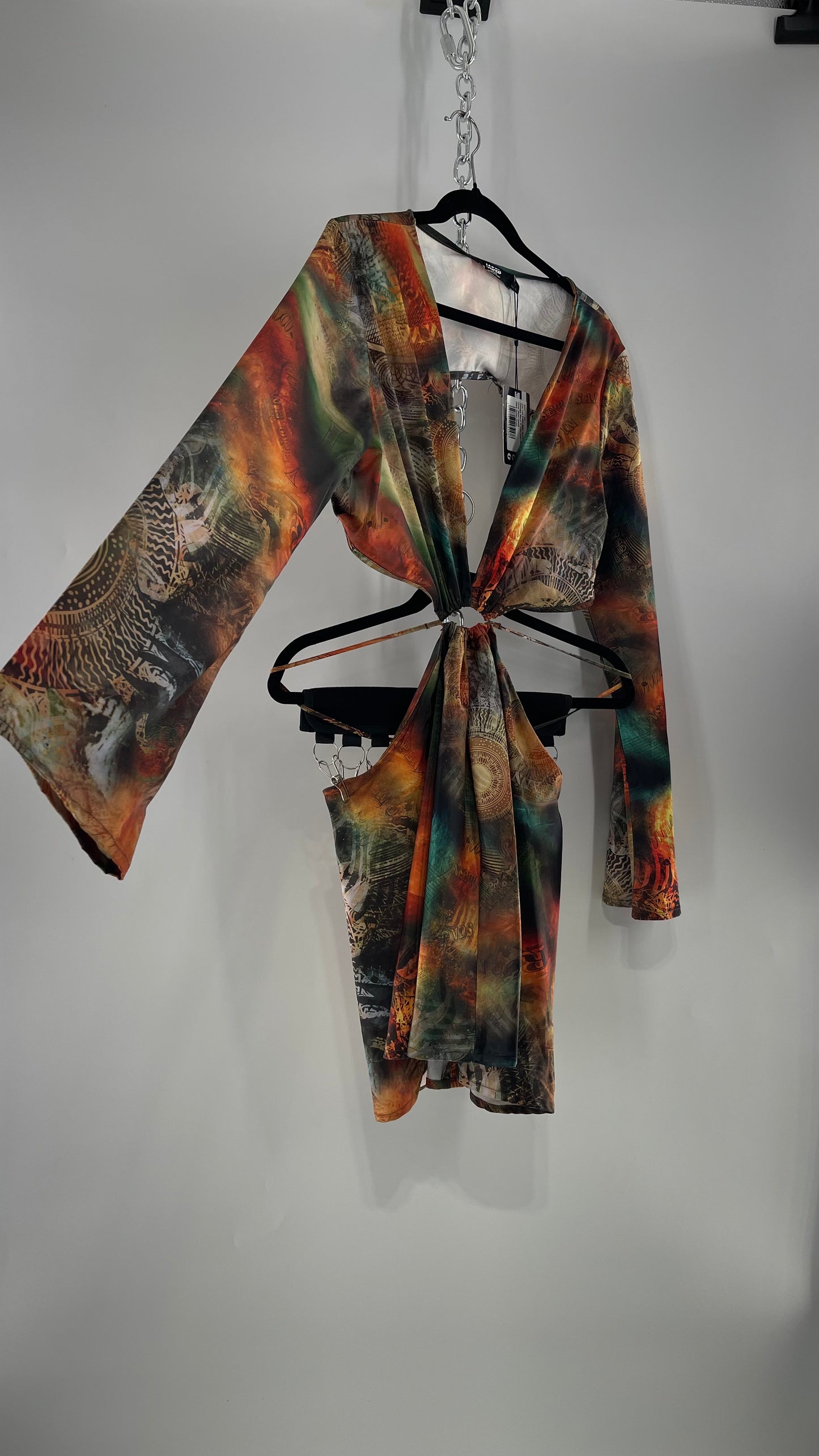 Jaded London Graphic Green, Orange, Yellow Dress with Bell Sleeves, Cut Out Waist and Straps (10)