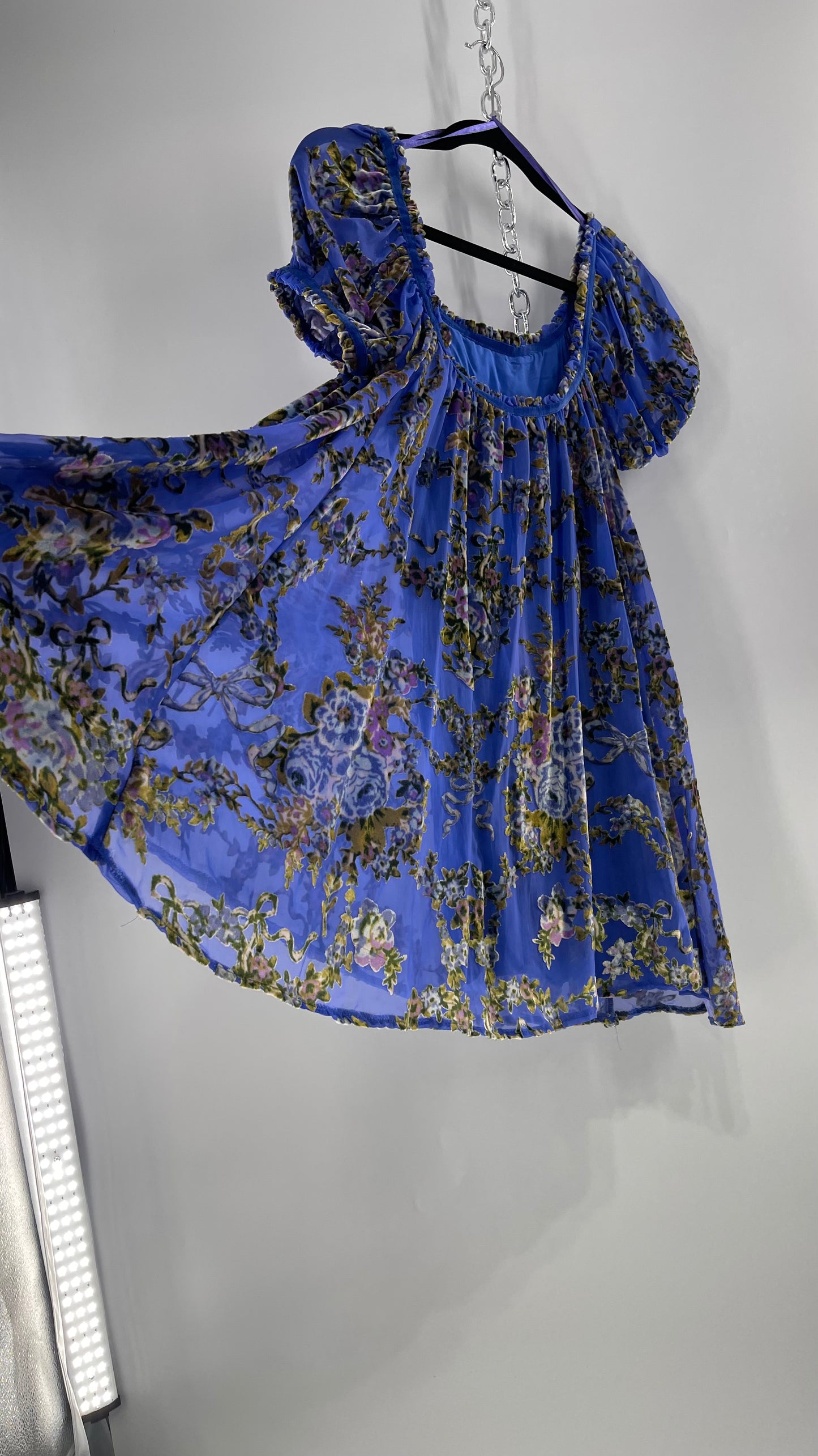 Free People Royal Blue Velvet Floral Babydoll Dress (Small)