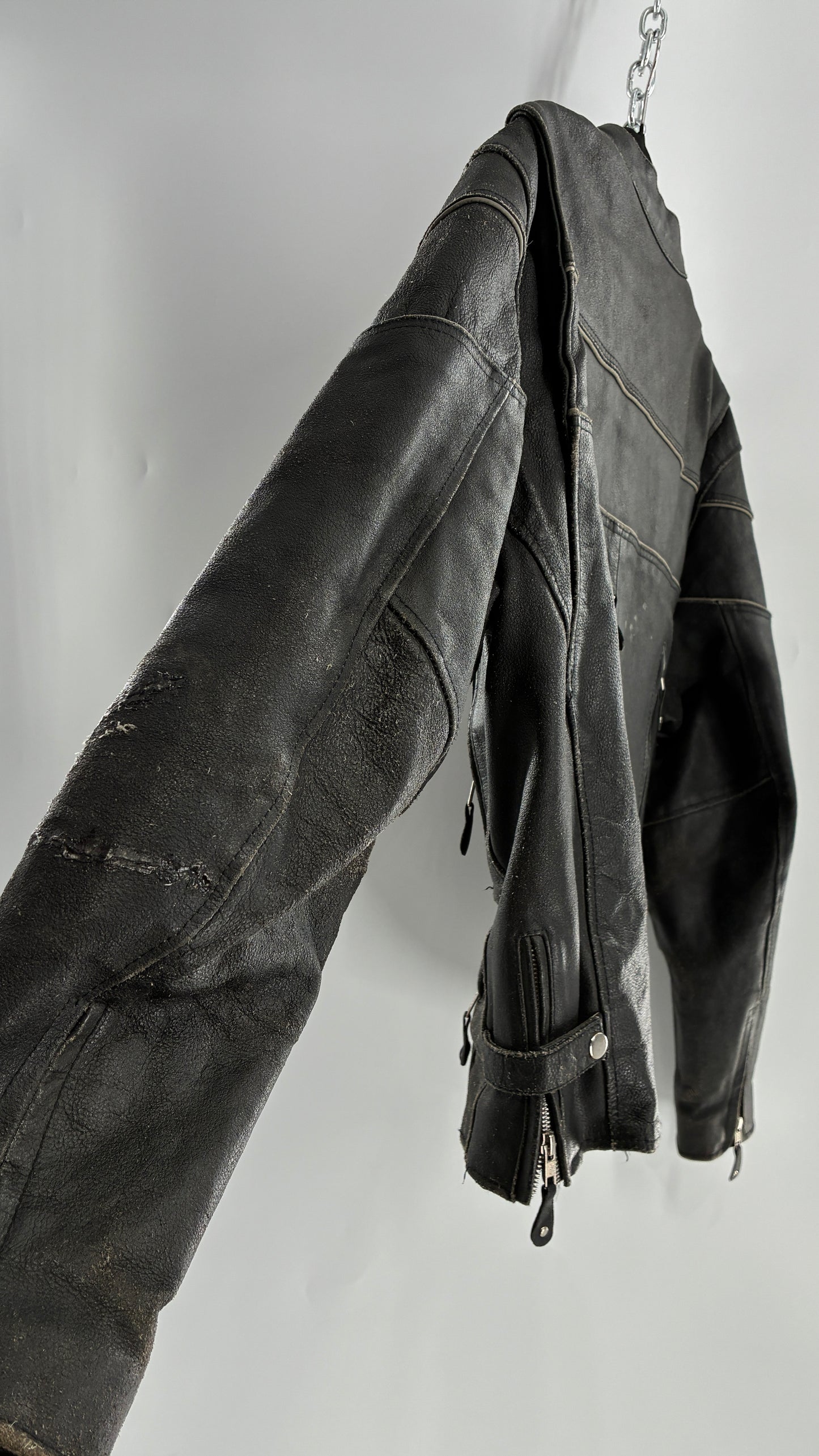 Vintage Distressed Genuine Leather Motorcycle Jacket with Zippered Pockets, Cuffs, and Sides (Large)