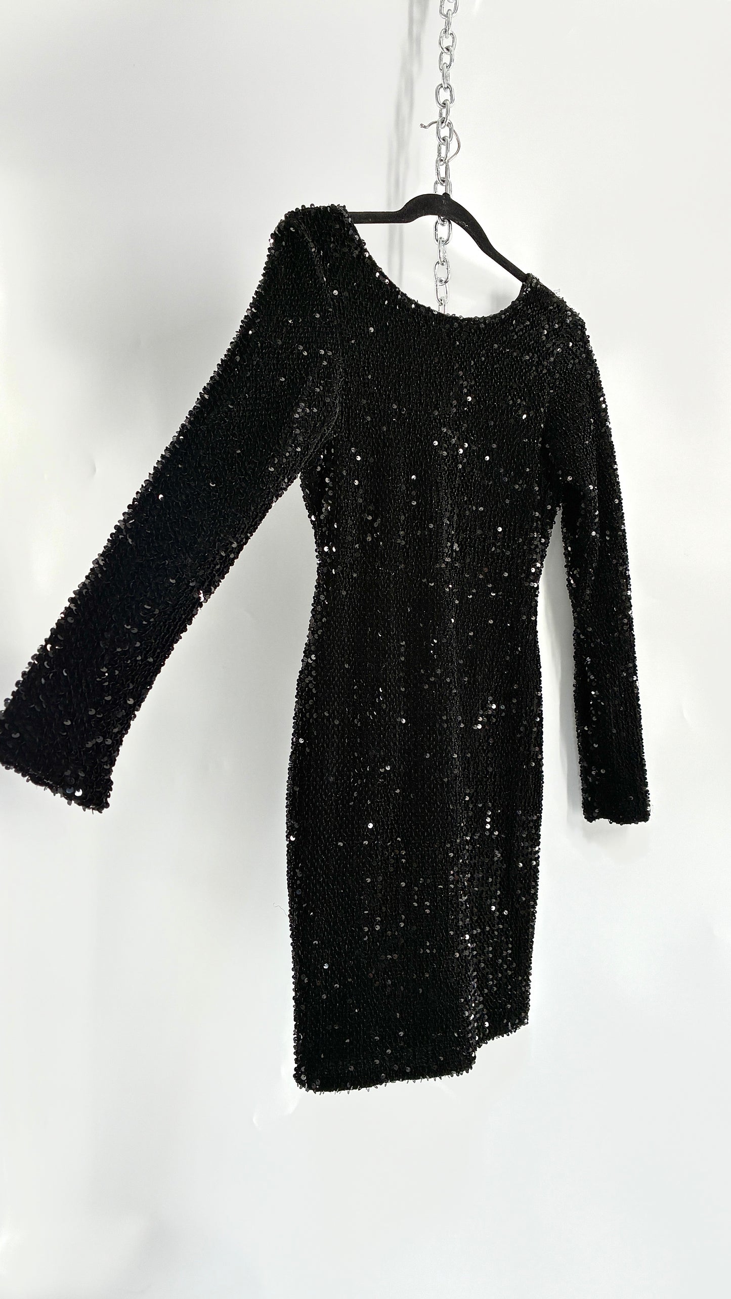 MOTEL Black Thick Velour and Sequin Long Sleeve Bodycon Mini Dress (Medium)