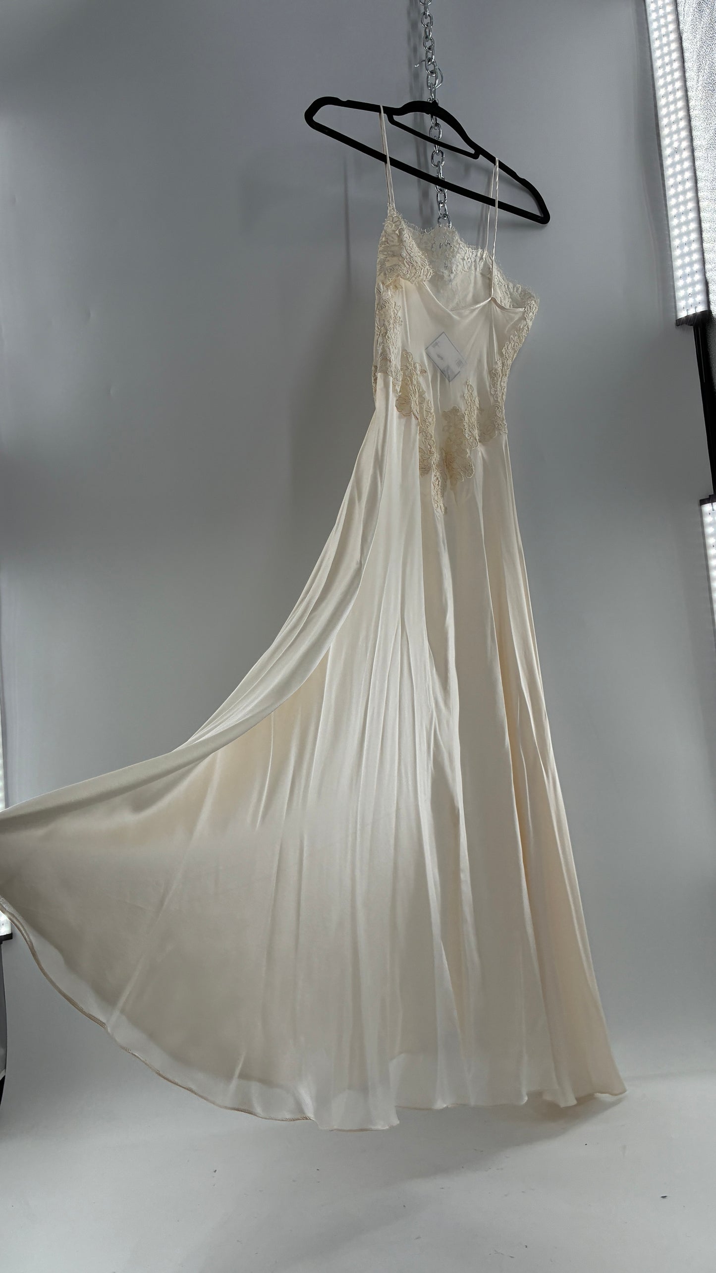 Vintage JONQUIL 100% Silk Gown with Heavy Lace Appliqués and Low Cut Sheer Back (Medium)