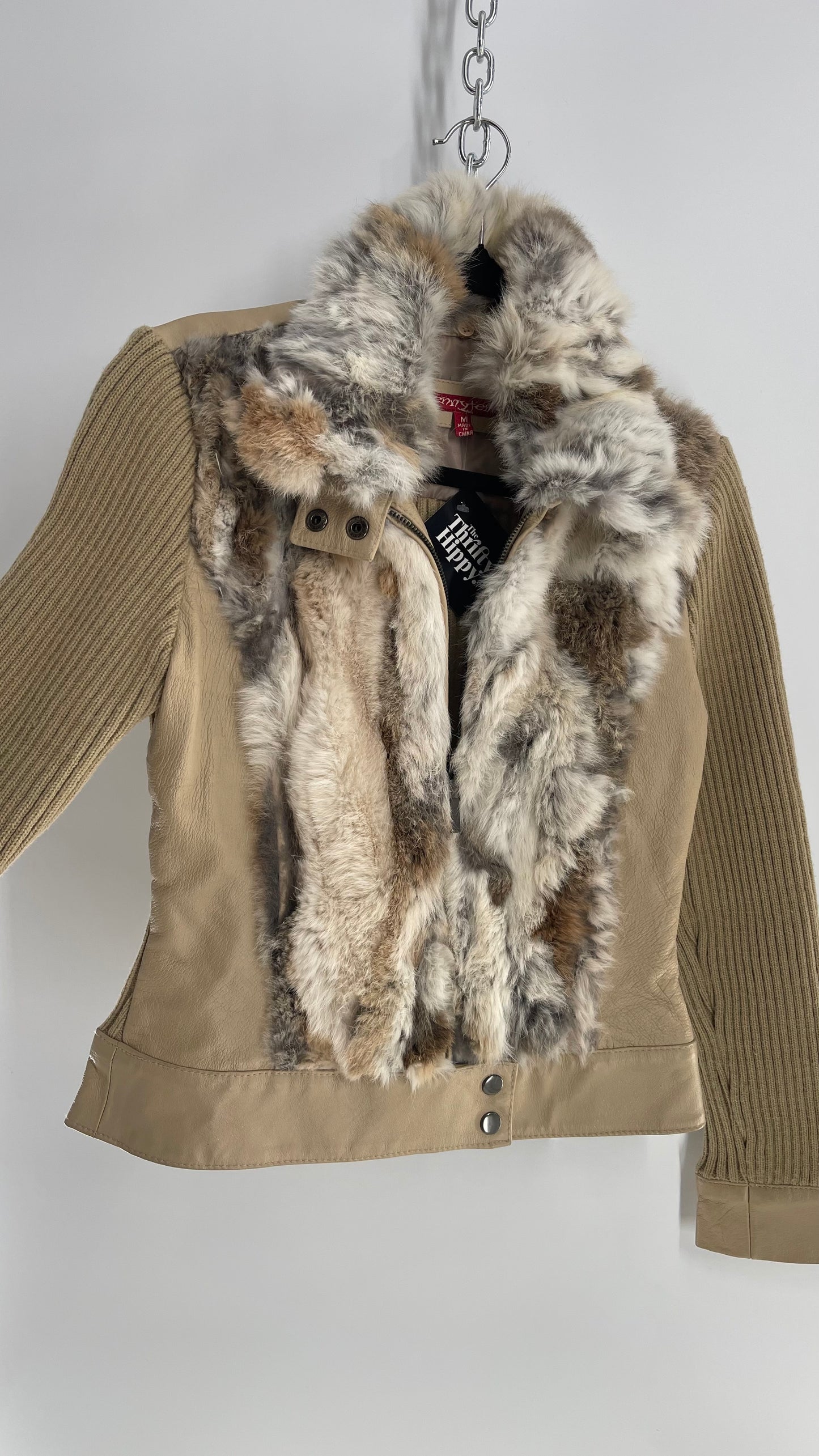 Jennyfer J 1990s Beige Rabbit Fur Sweater Jacket with Ribbed Knit Sleeves (Medium)