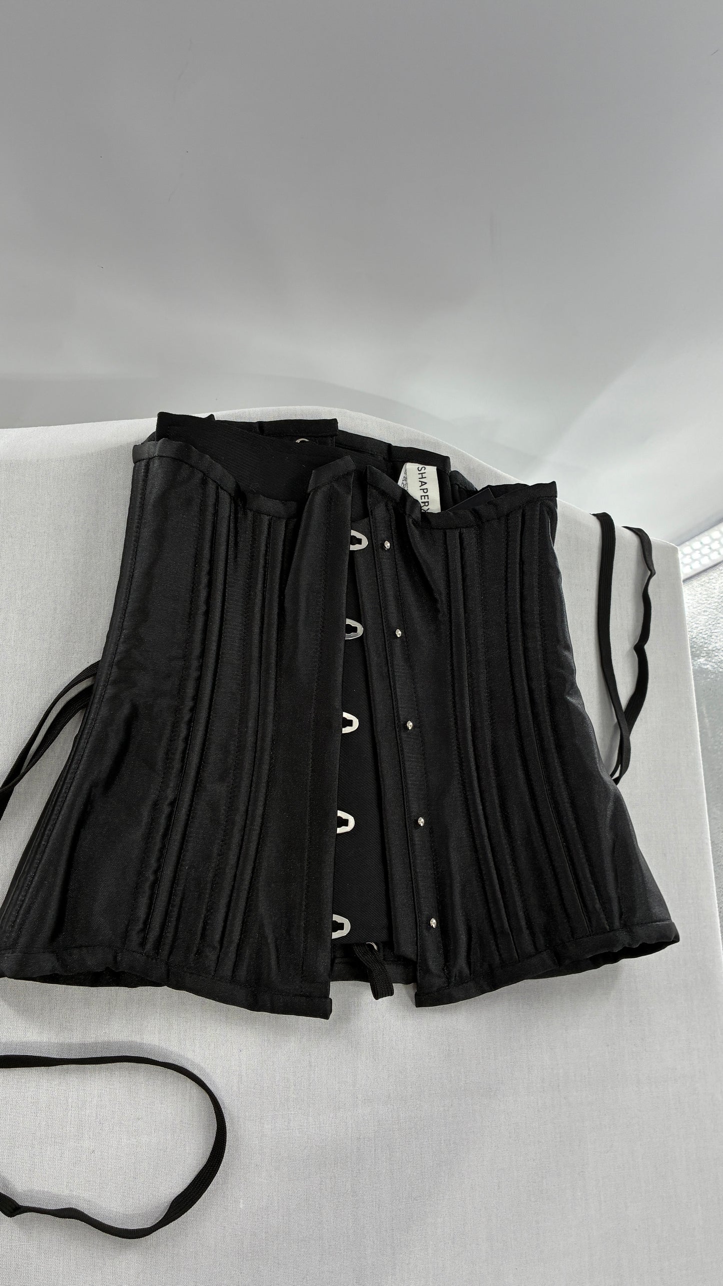 Vintage SHAPERX Black Satin Heavy Duty Ribbed Corset (XS)