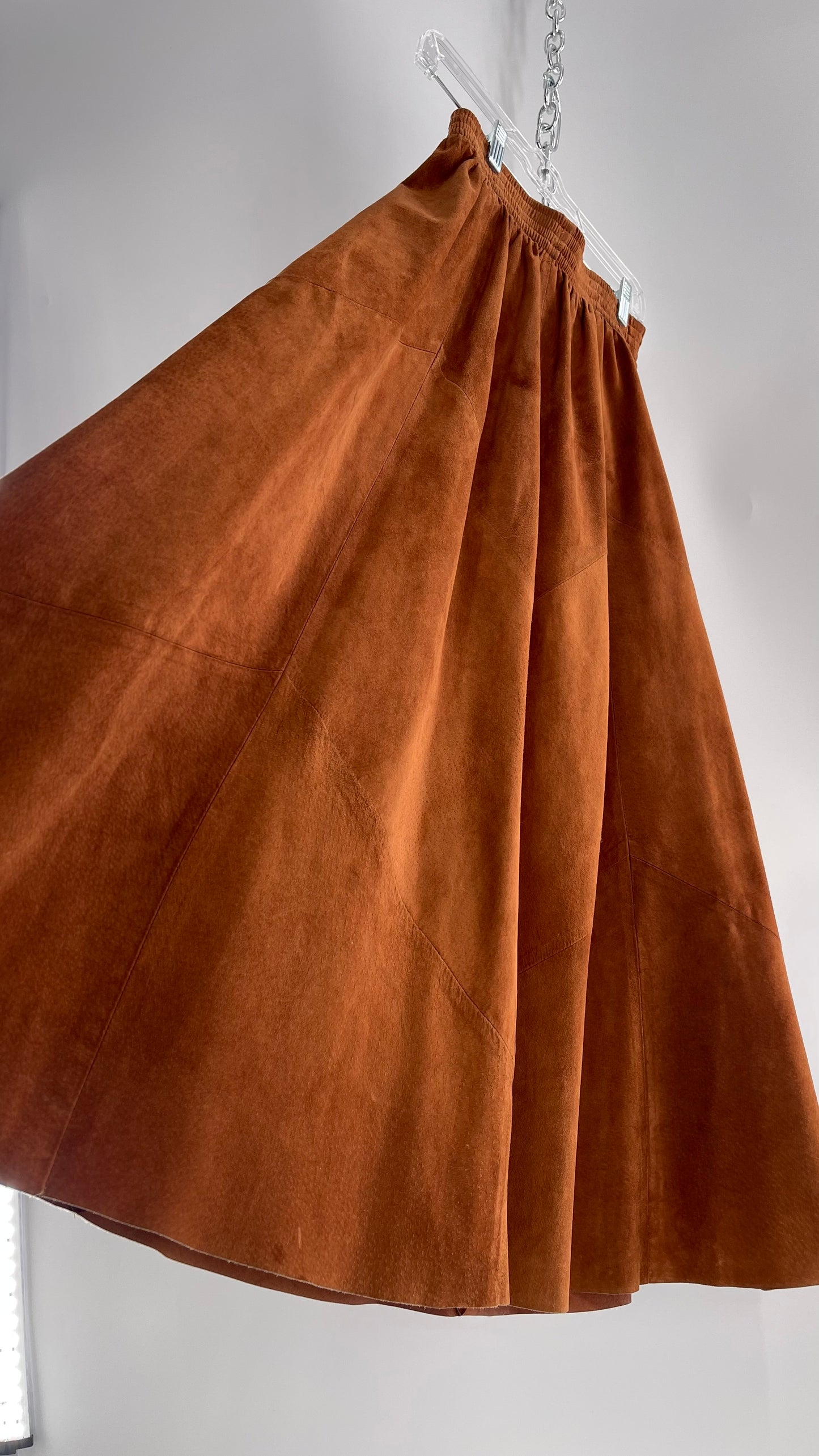 Vintage Brown Leather Suede Paneled Voluminous Skirt Assembled in Mexico (S)