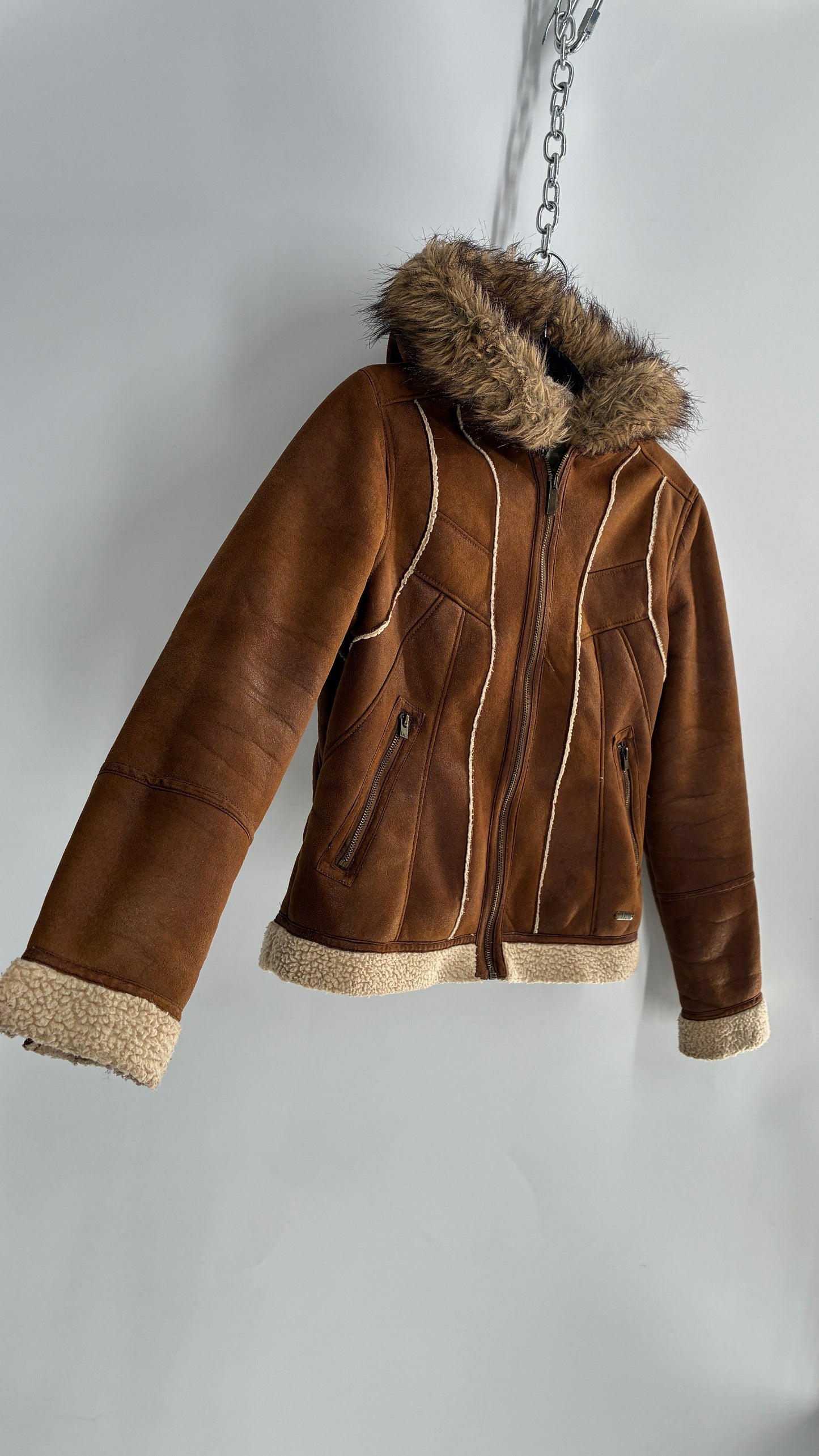 Vintage LEI Vegan Suede Sherpa Jacket with Faux Fur Hood (Small)