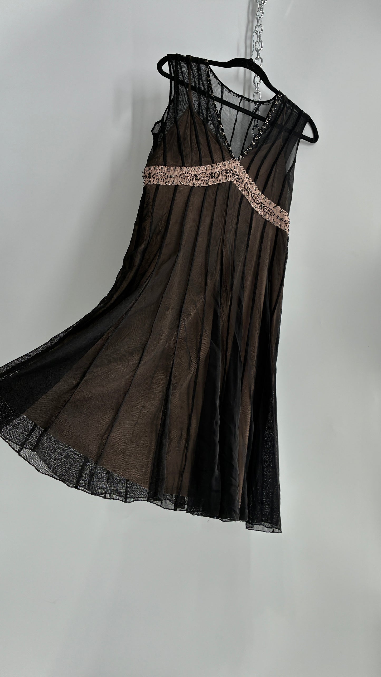 ECI NEW YORK Nude Camisole Dress with Black Mesh Overlay and Beaded Details (8)