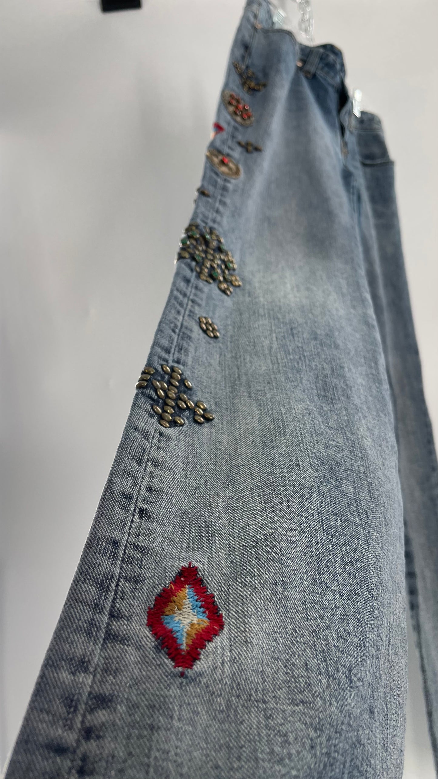 Western Denim Bank Light Wash Straight Legs with Gold/Bronze Metal Studs and Jewels (29)