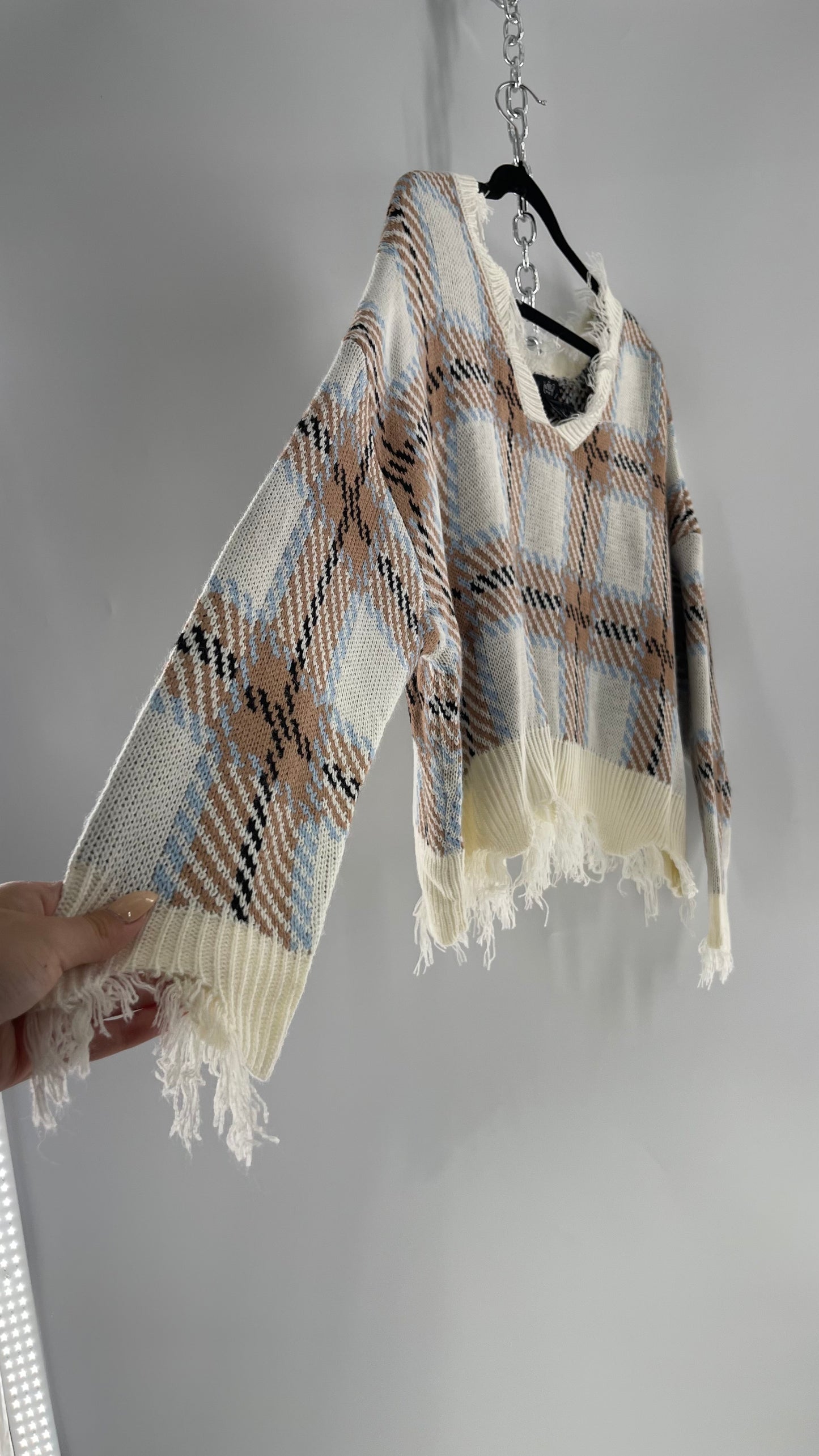 Fashion Nova Plaid Powder Blue/Tan Distressed Sweater