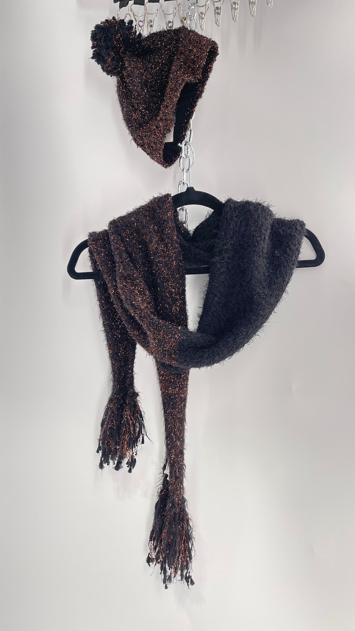 Anthropologie Bronze Tinsel Black Knit Beanie and Skinny Pom Scarf 2pc Set with Tags Attached