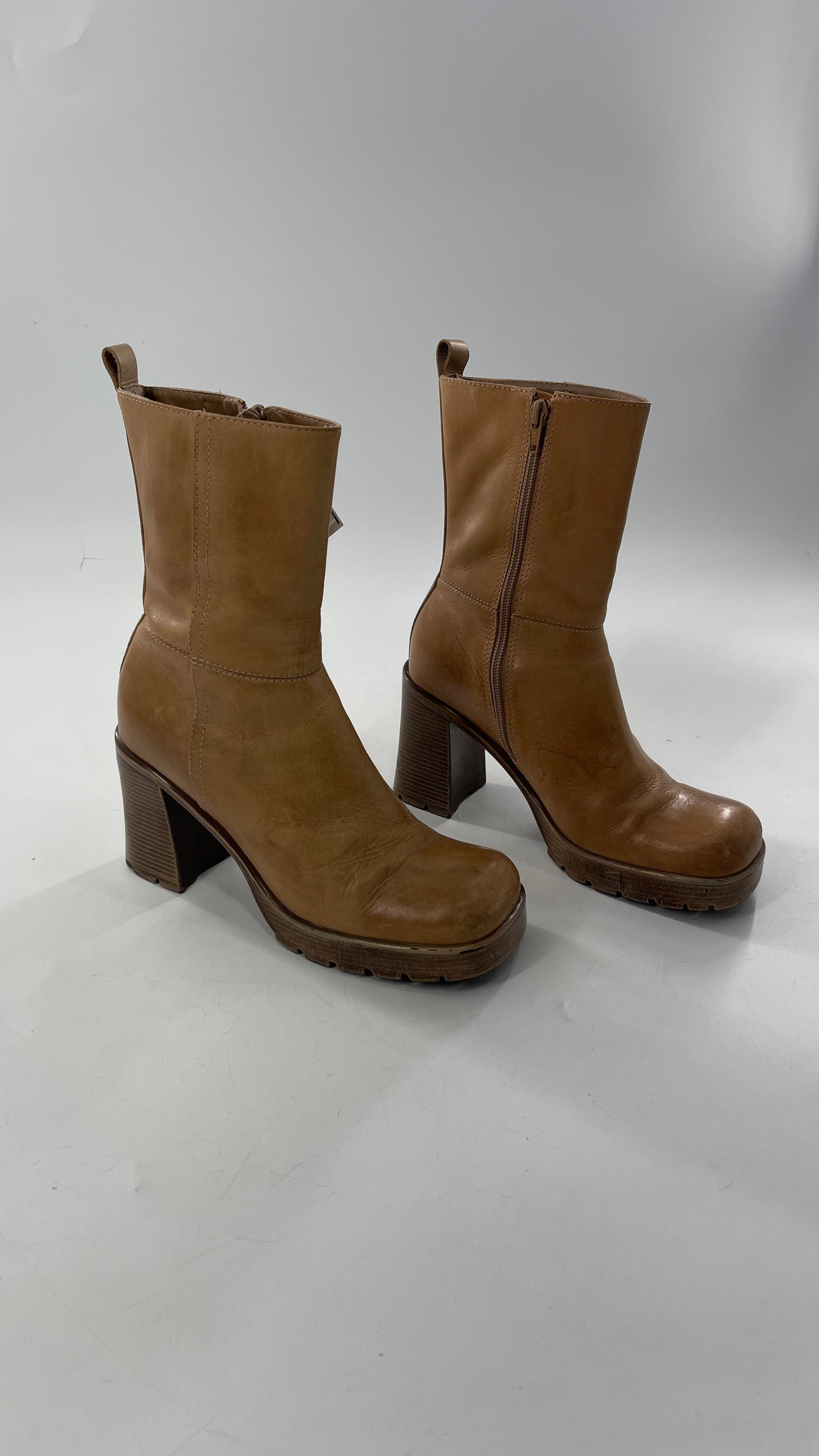 Vintage 90s Steve Madden Tan Leather Funky Square Toe Boot with Platform and Chunky Heel