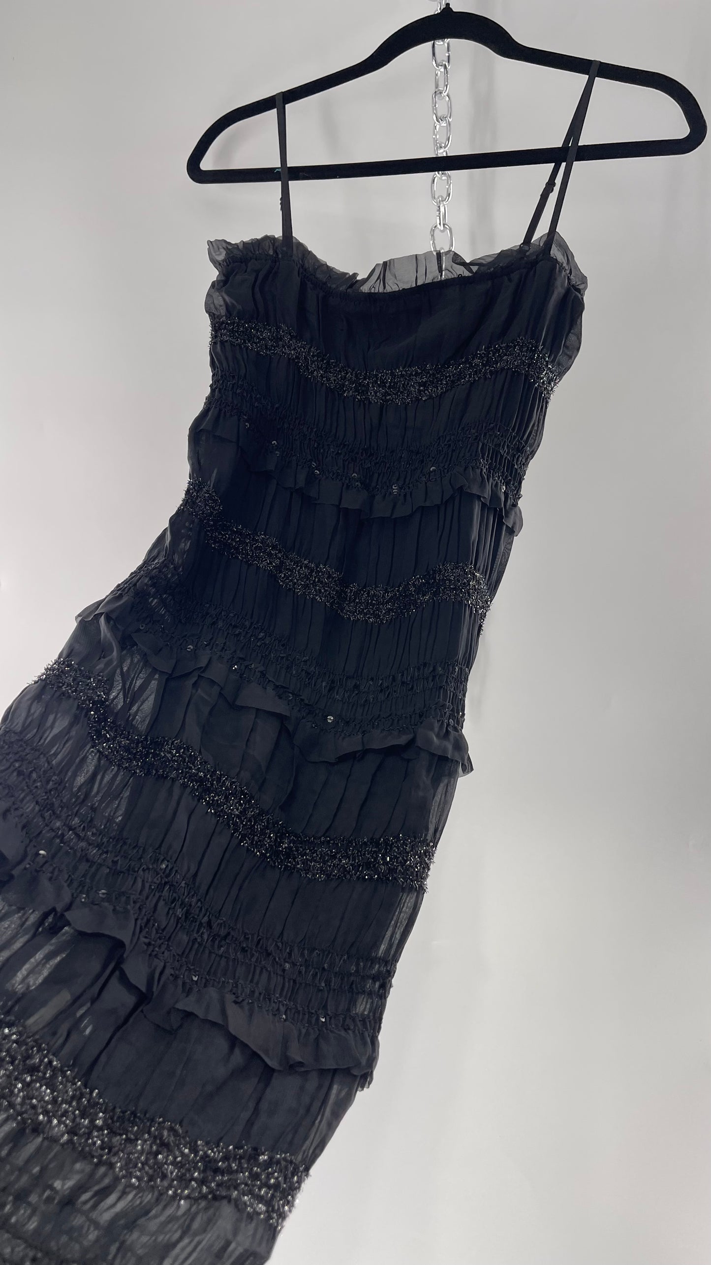 The Commense Black Sheer Crimped Midi Dress with Stripes of Tinsel and Ruffle with Tags Attached (Medium)