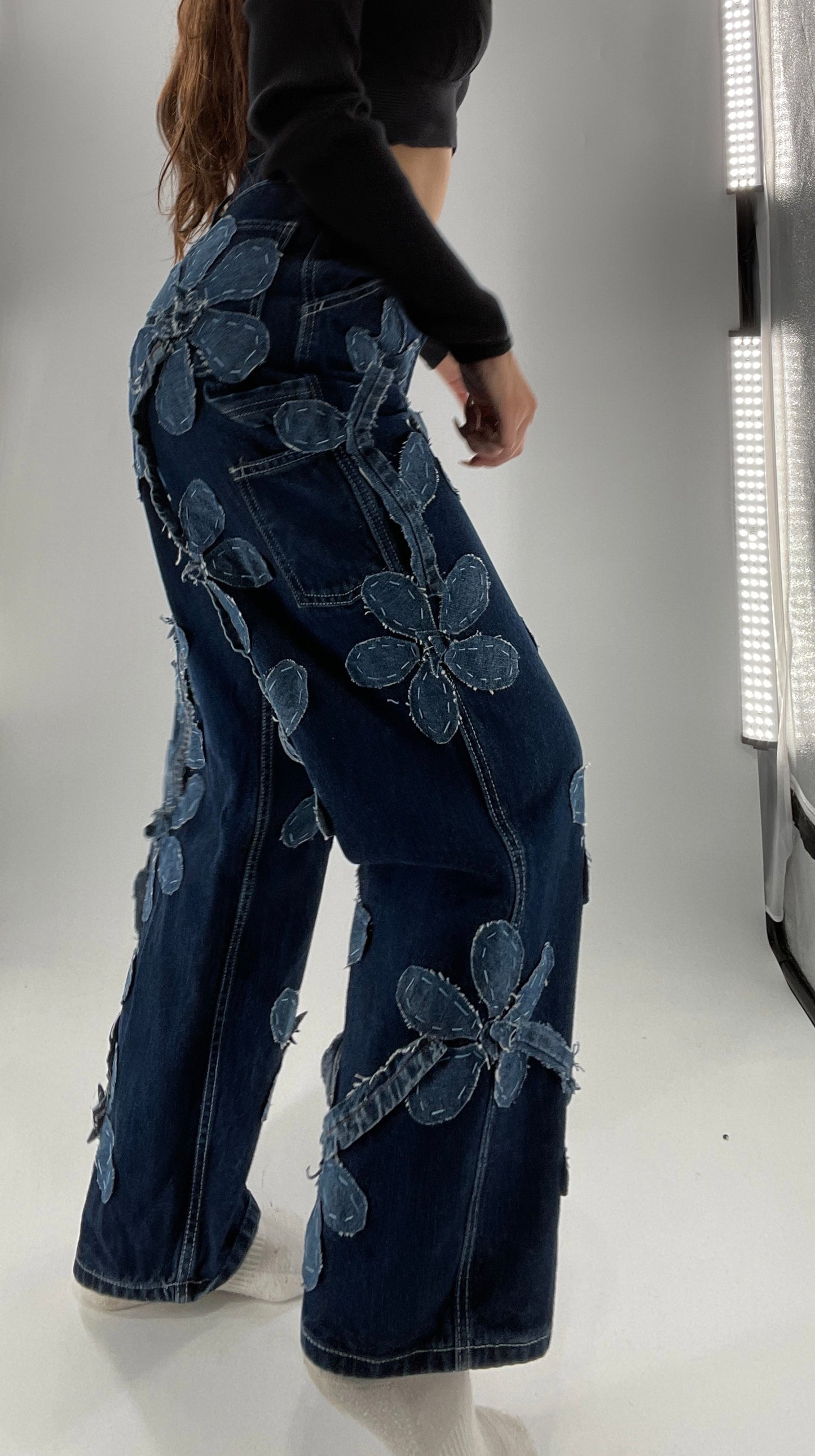 Handmade CUSTOM Dual Denim Tone Floral Vine Cargo Denims (S)