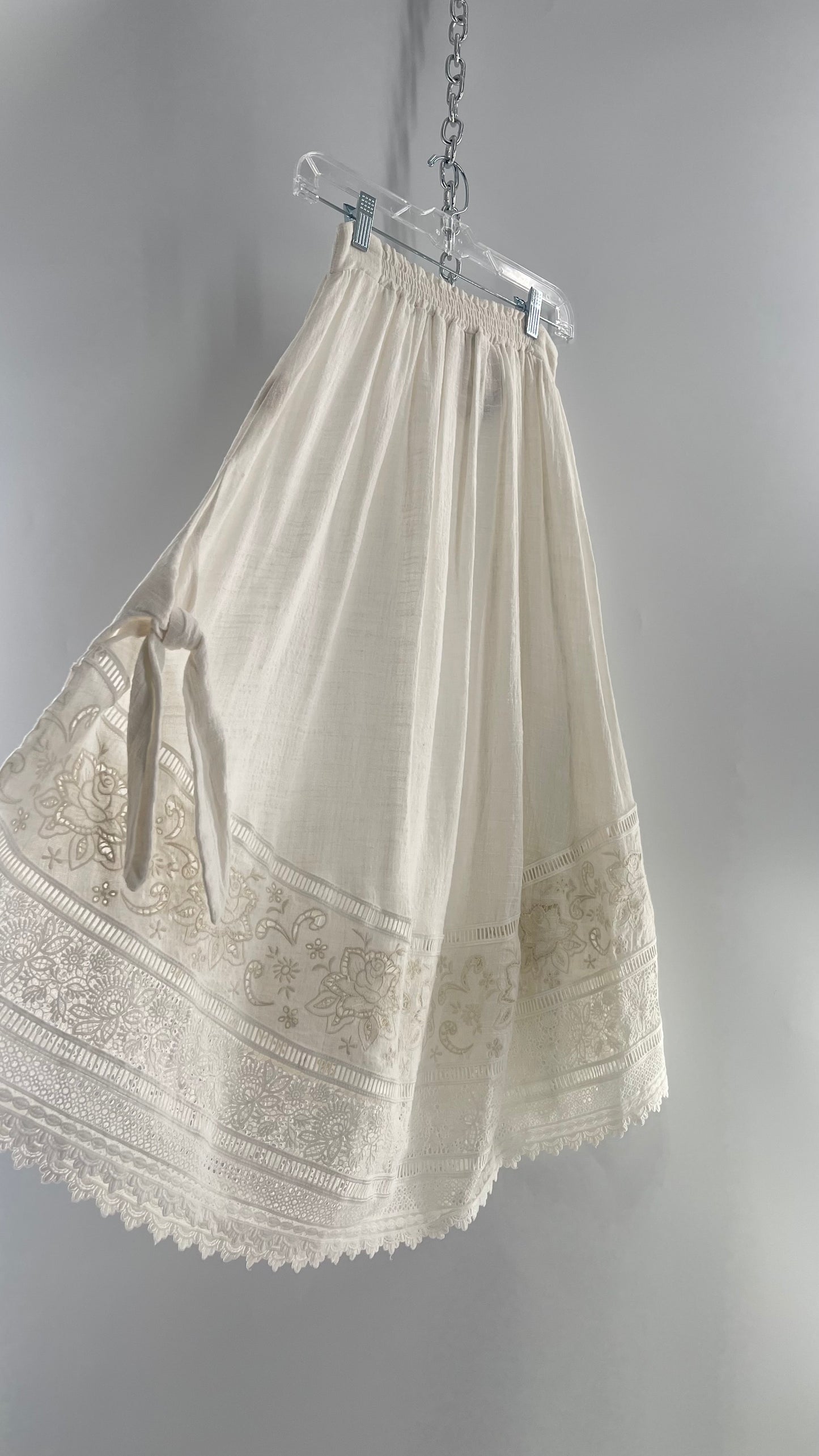 Spell & the Gypsy Full Length Cotton Gauze White Skirt with Tie Sides and Heavily Embroidered Hem (XS)