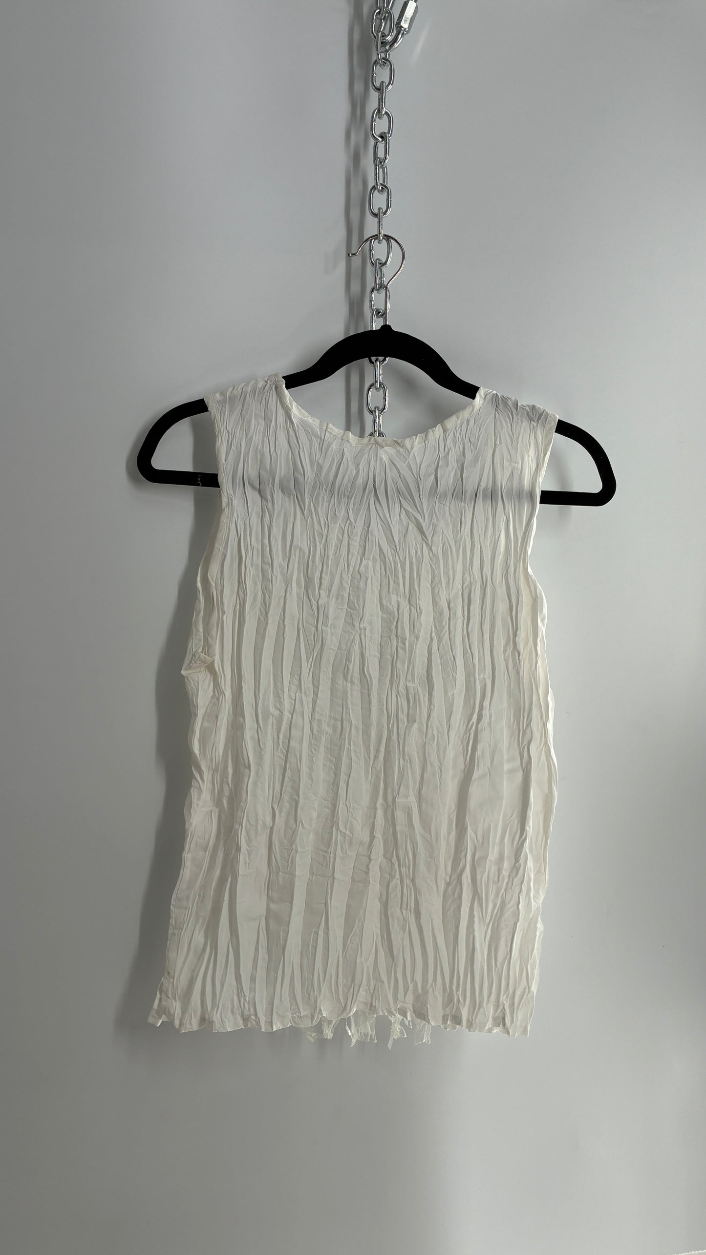 Vintage 1990s Crimped White Camisole with Tassels, Ribbons, and Lace (Medium)