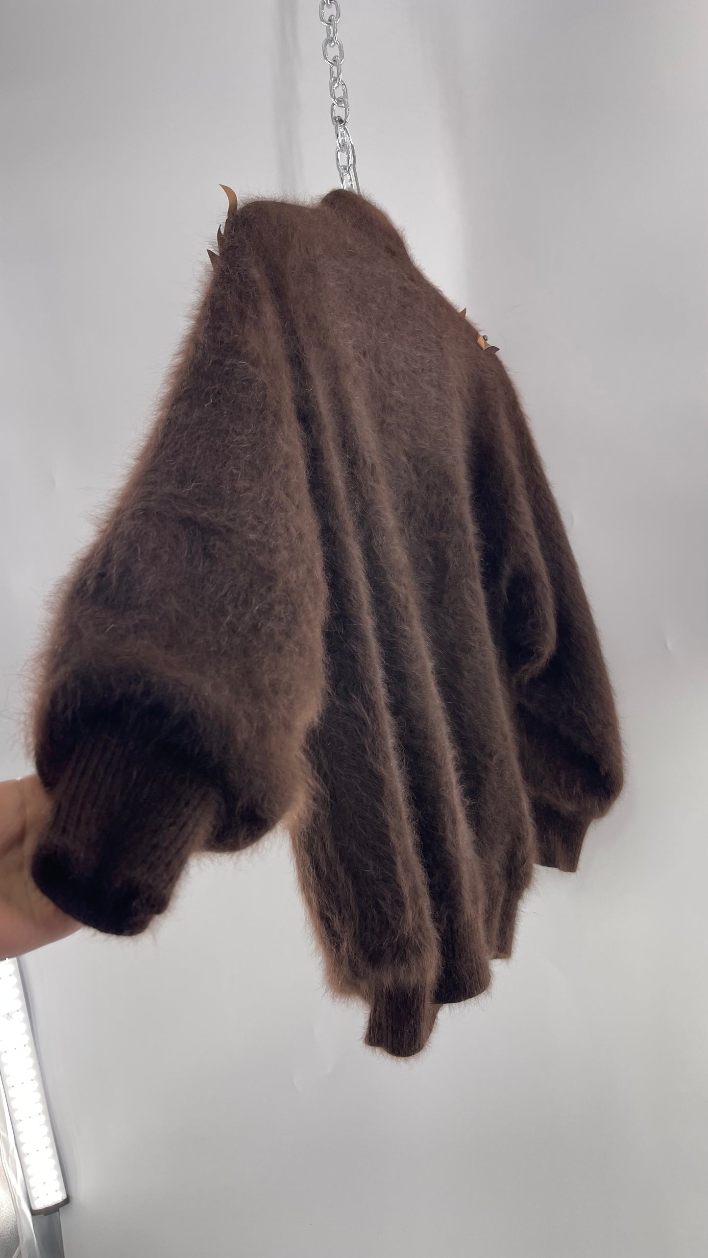 Liho Korean Vintage Brown Cardigan with Leather, Fur and Beaded Detailing 15% Wool 75% Angora  (C)(Medium)