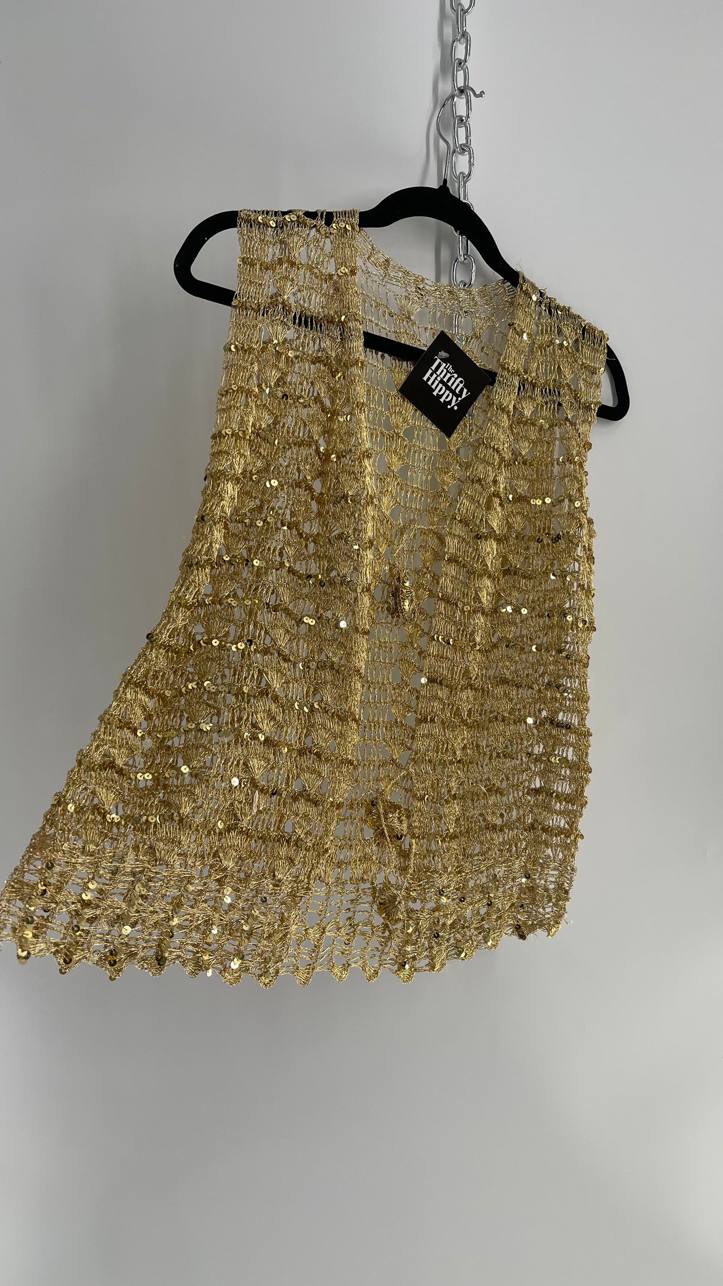 Vintage Gold Crochet Sequin Tie Bust Vest (S/M)
