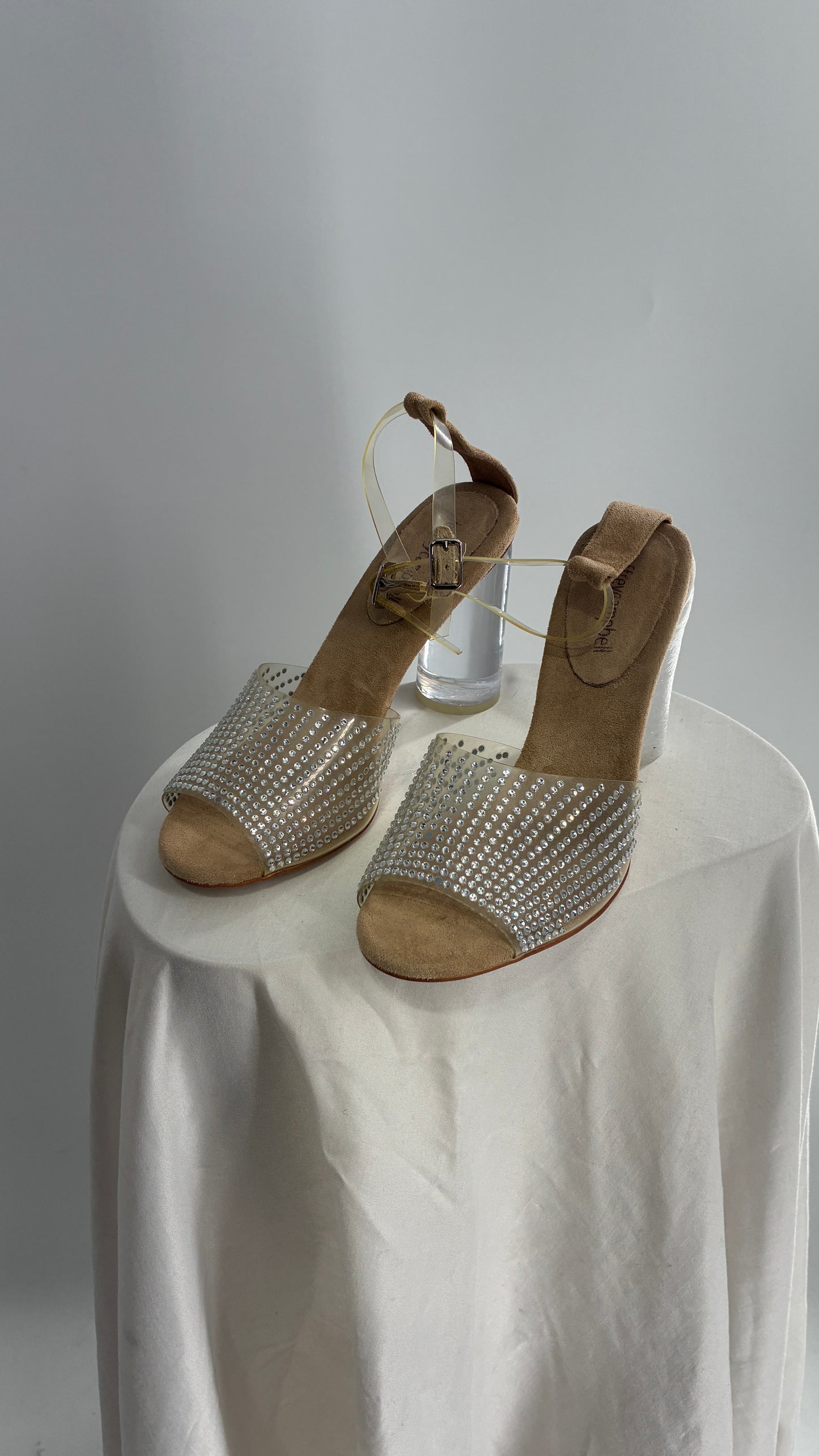 JEFFREY CAMPBELL Lucite Heel Suede Sole, Clear Strap Rhinestone Heel (8)