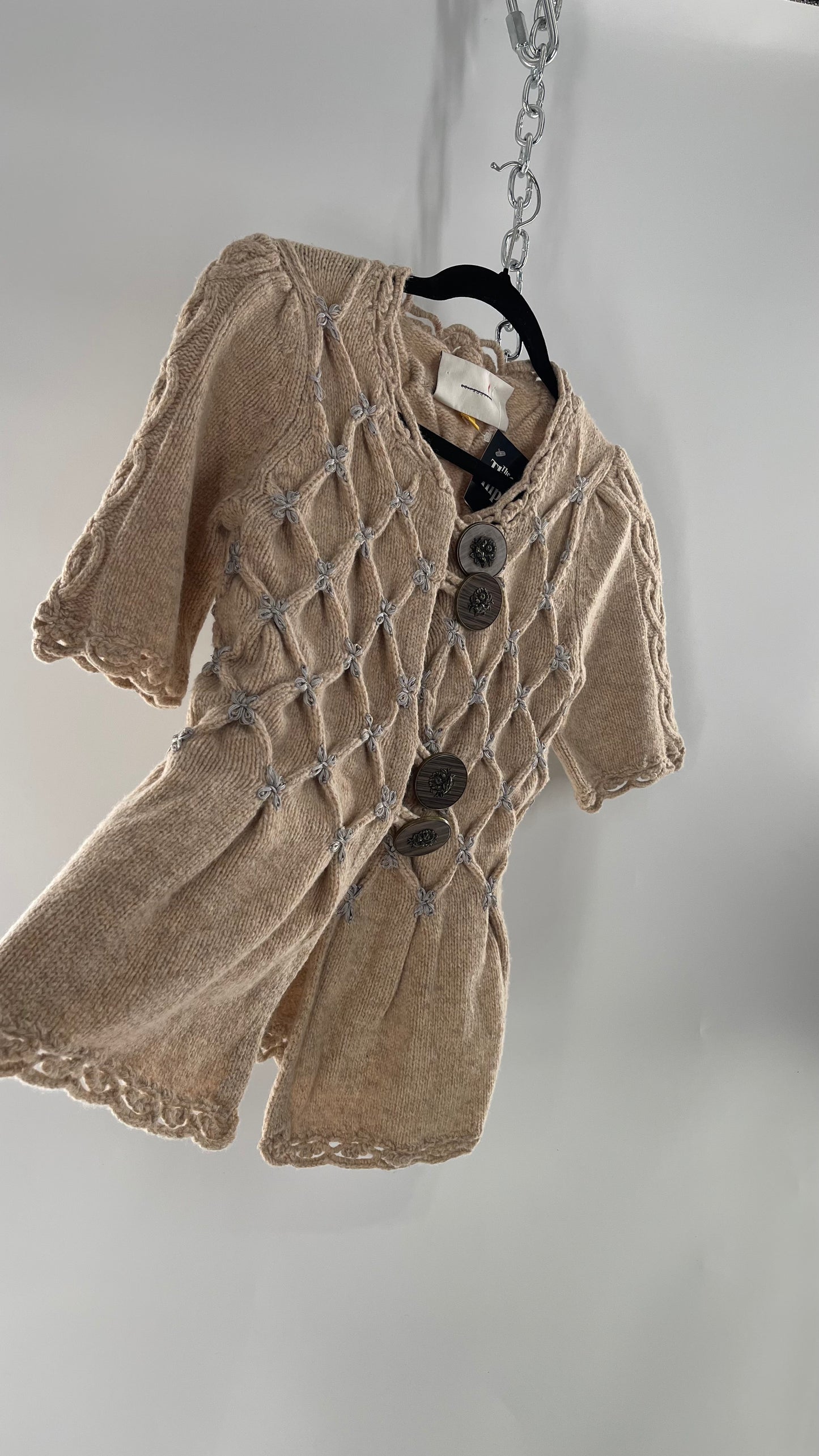 Anthropologie Leifsdottir Knit Argyle Embroidered Sweater with Oversized Statement Buttons (XS)