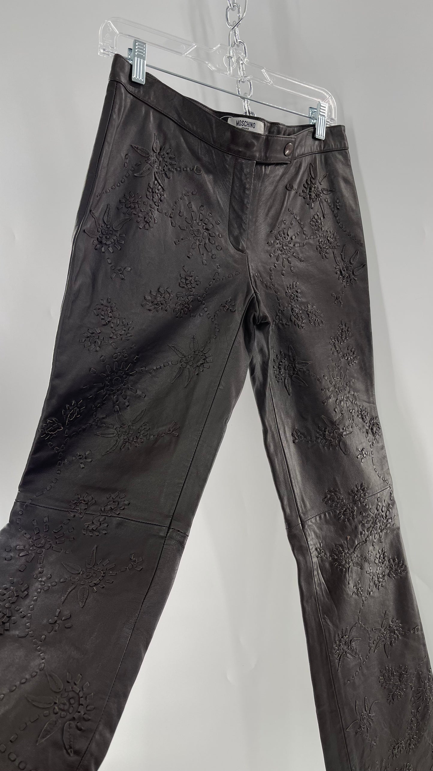 Moschino Brown Leather Embroidered Pants (10) ***WITH TAGS***