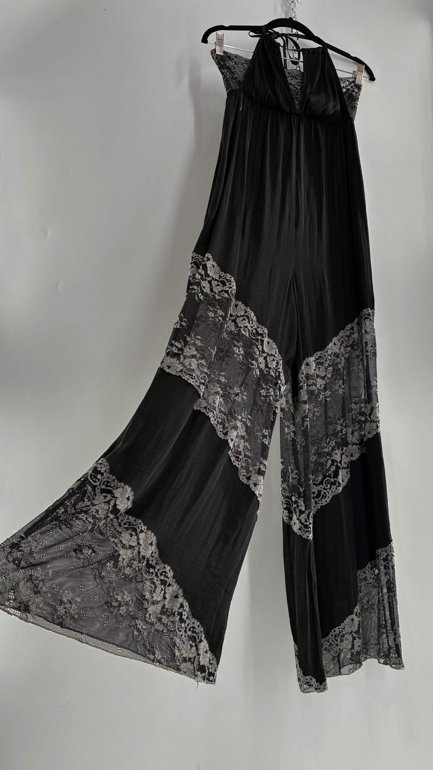 Free People Silky Black Jumpsuit with Grey Lace Paneling and Bandeau (S)