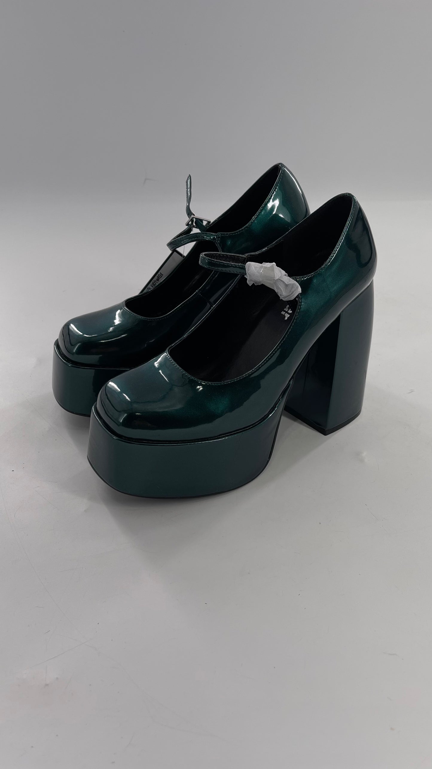 KOI FOOTWEAR Patent Emerald Green Platform Chunky Heel Mary Janes (9/39)
