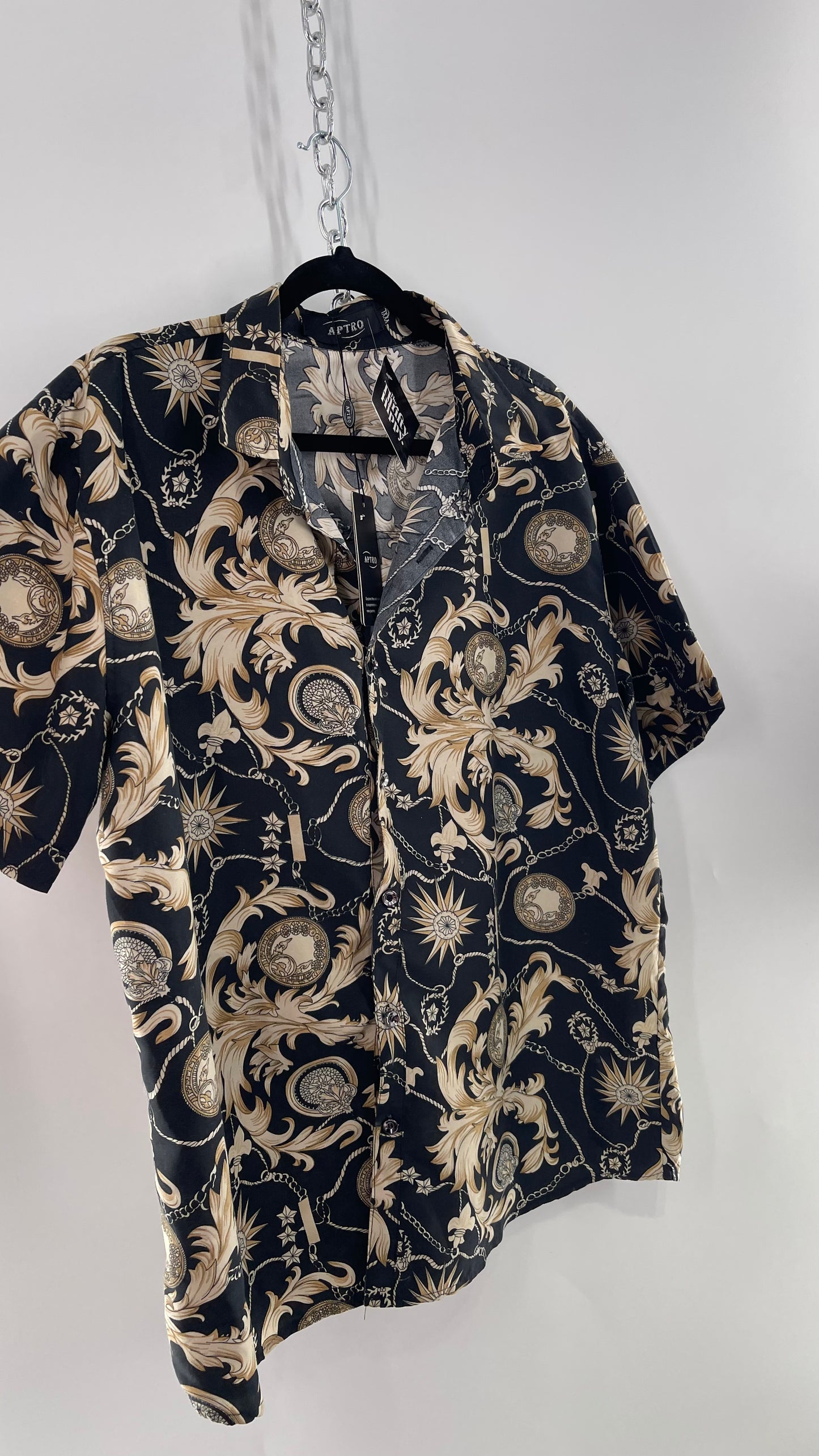 APTRO Black and Gold Brocade Short Sleeve Button Up with Tags (XXXL)