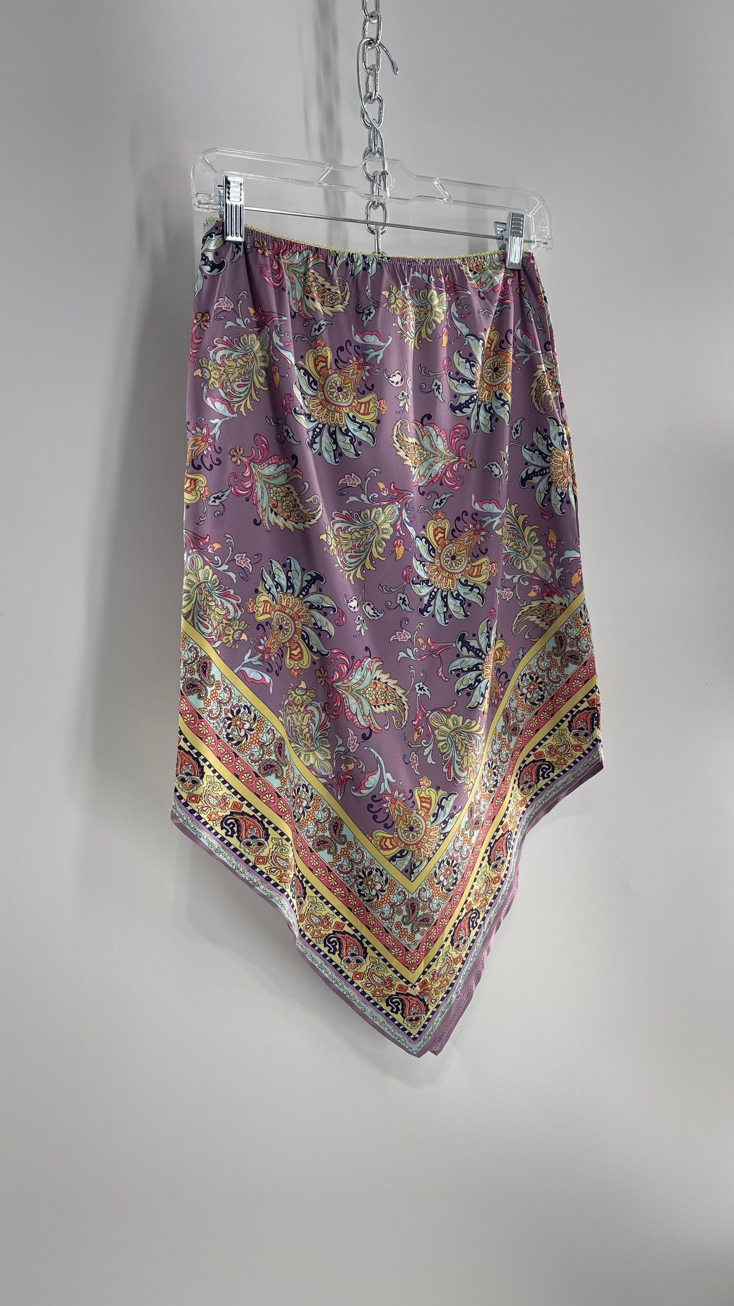 Urban Outfitters Lavender Satin Paisley Handkerchief Hem Skirt with Light Green Ribbon Waistline (Small)