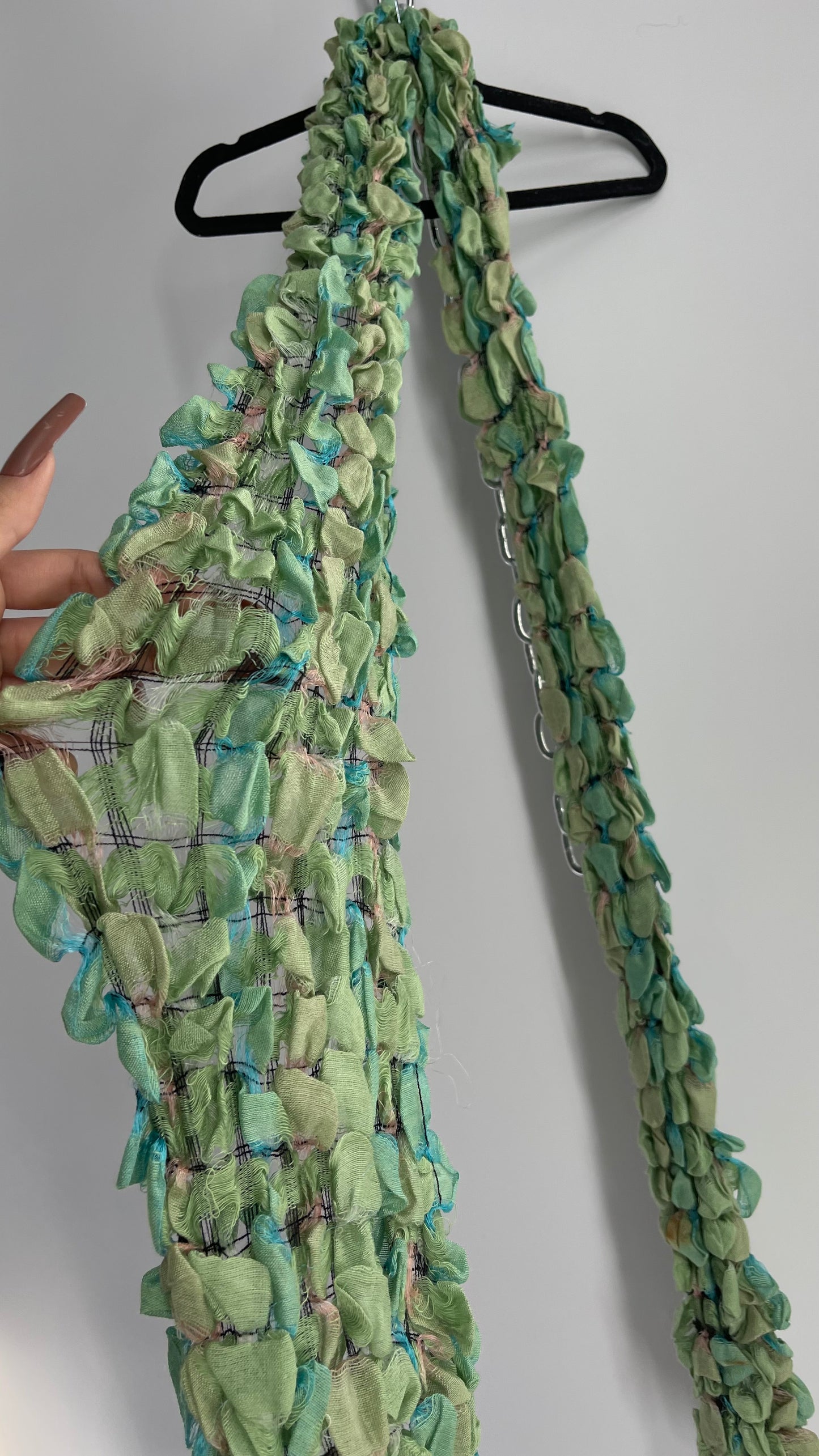 Vintage Scrunchy Green Textured Skinny Scarf