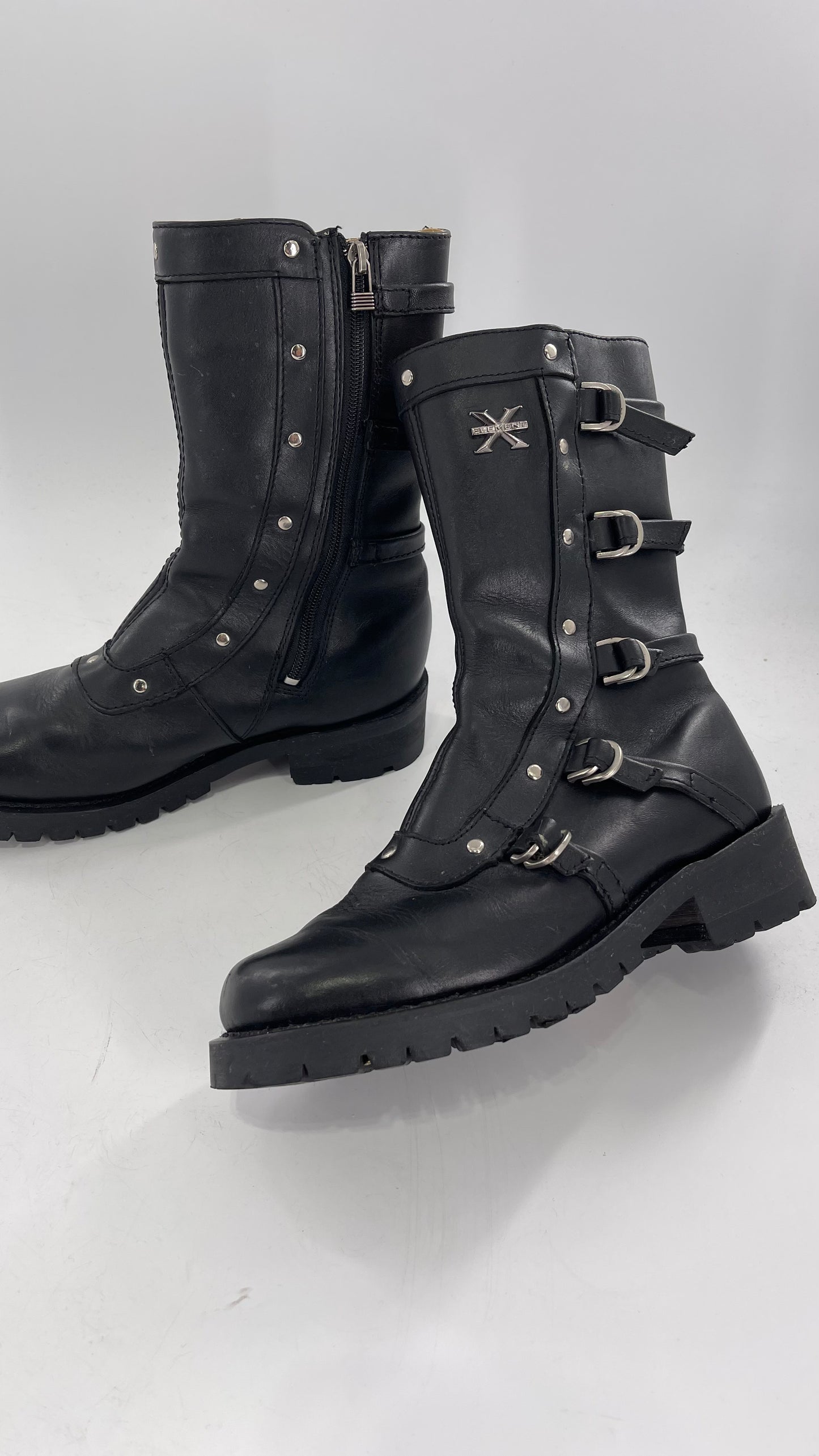 Vintage 1990s XELEMENT Buckle Side Genuine Leather Steam Punk Boots (Women’s 8.5)