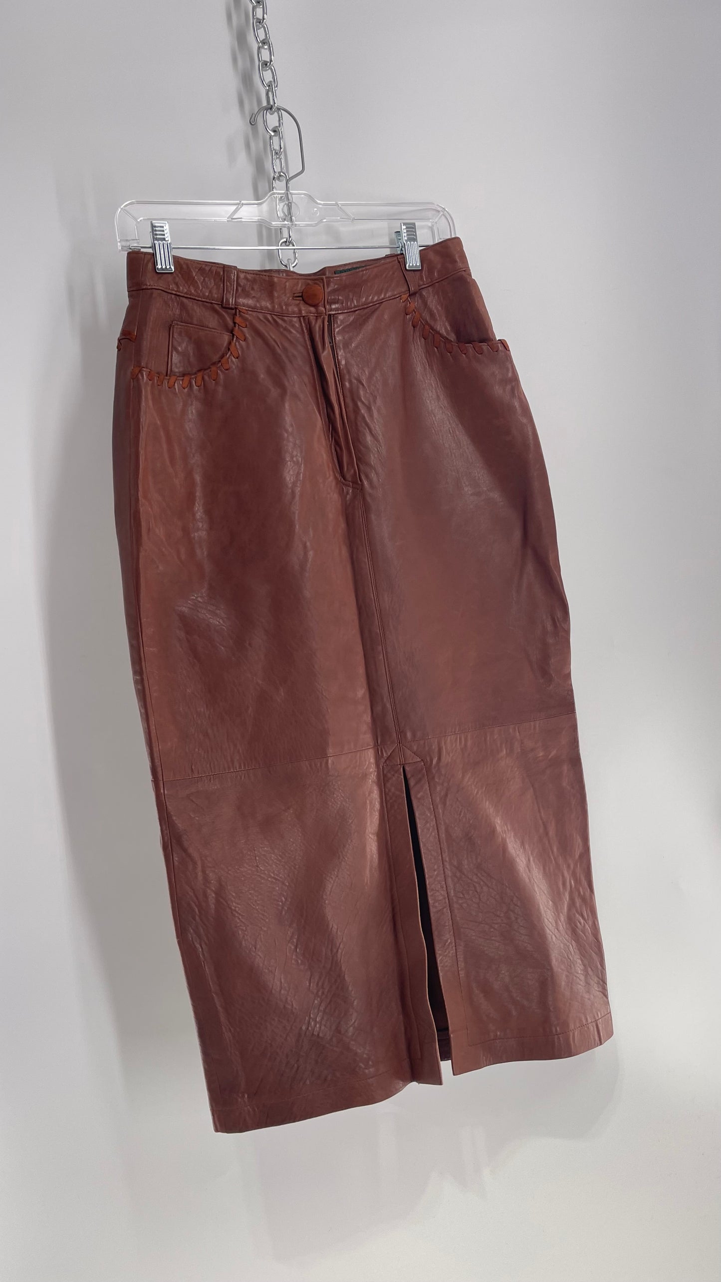Vintage Diario Italian Brown Leather Long Skirt with Suede Stitch Detail (36)